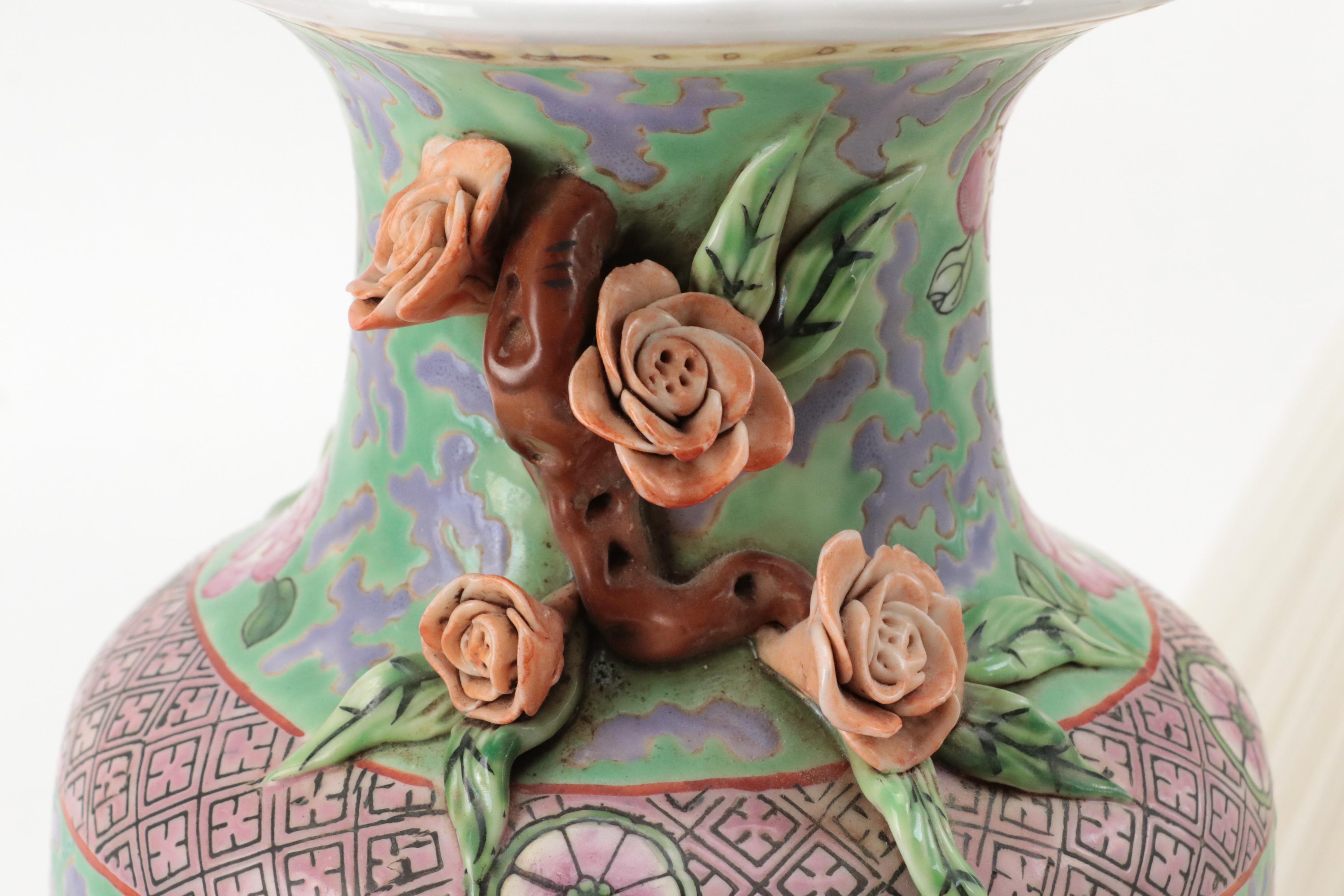 Chinese Porcelain Vase Table Lamps with Applied Decorations