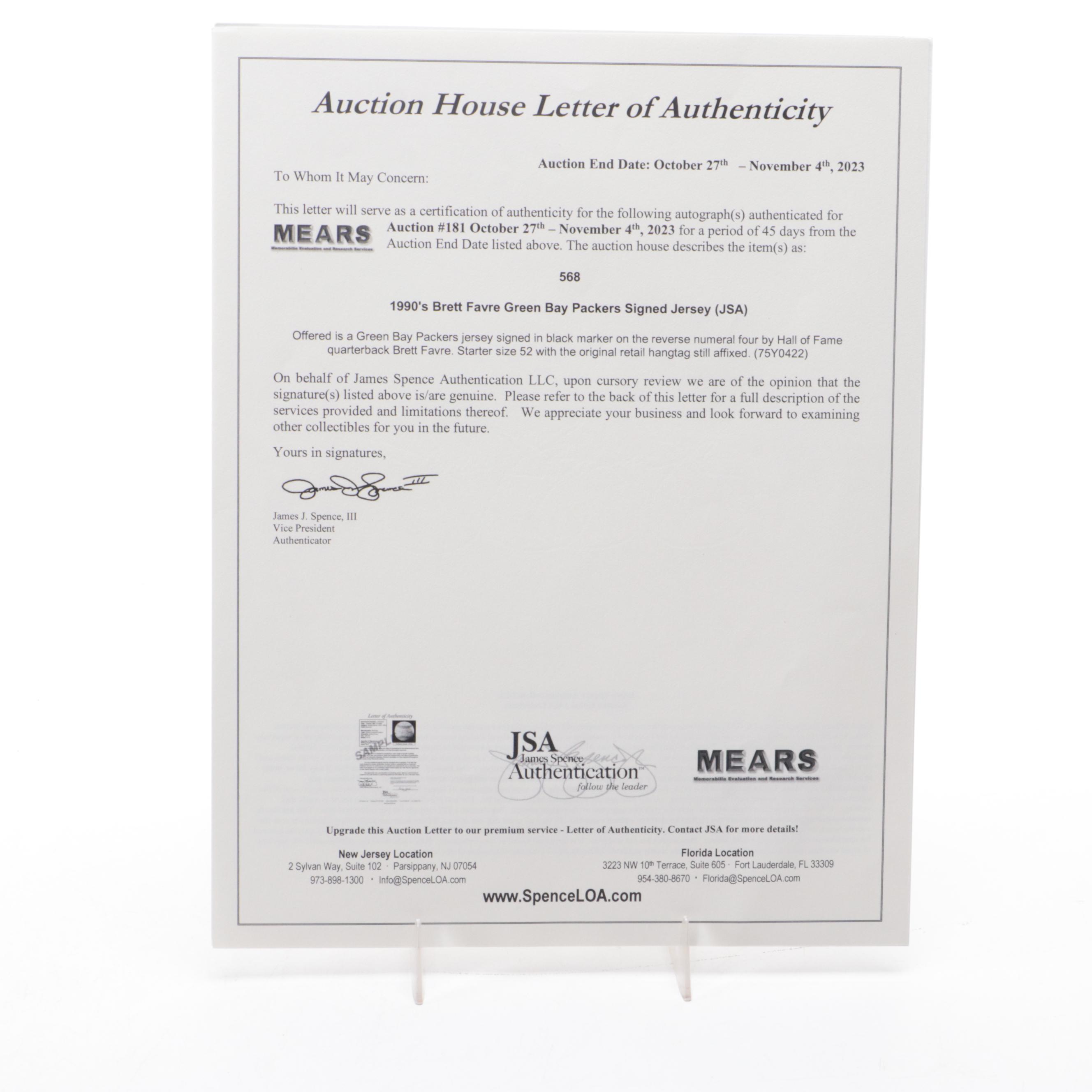 Brett Favre Signed Starter Green Bay Packers Football Jersey