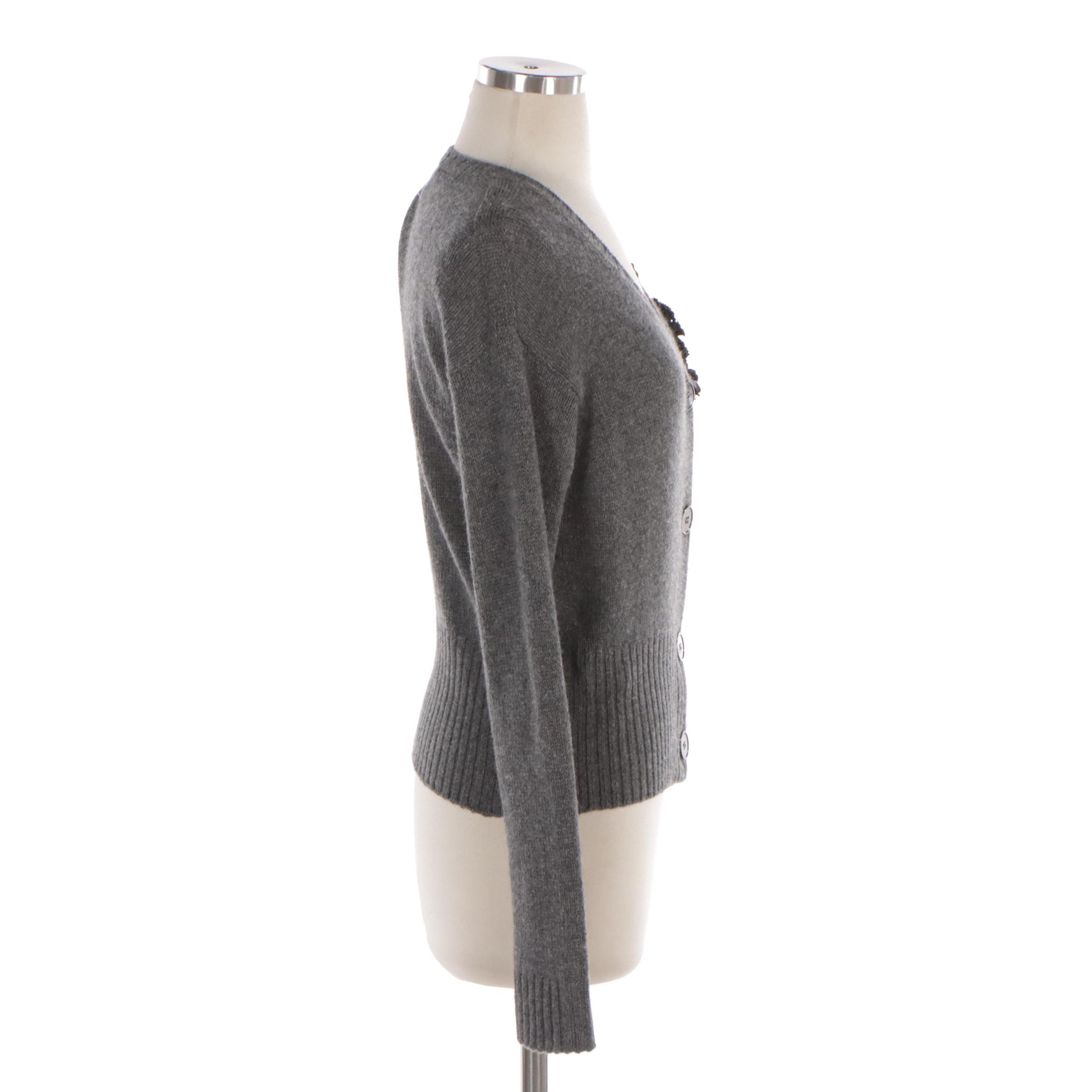 Prada Cardigan Sweater in Grey Cashmere with Glass Embellishment Detailing