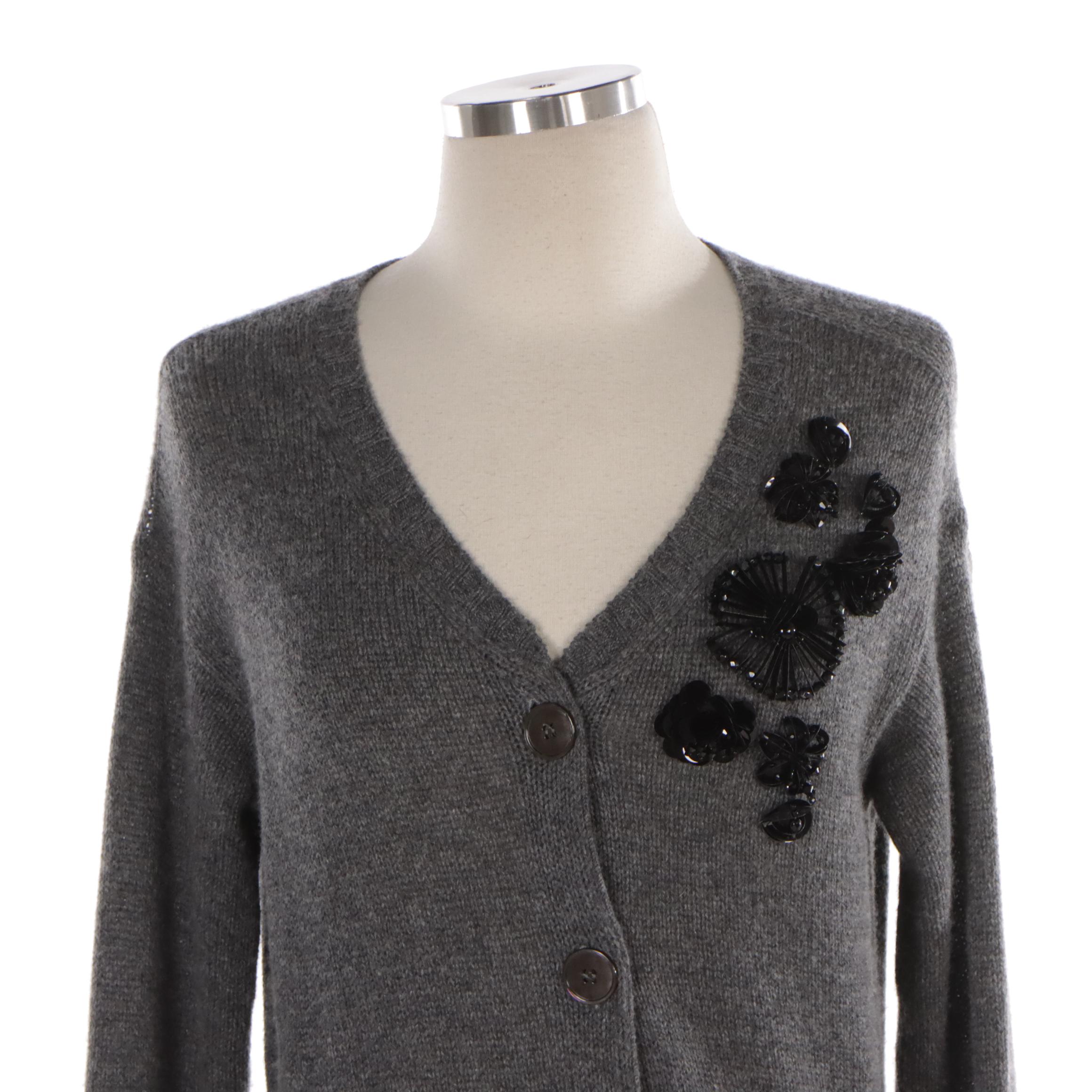 Prada Cardigan Sweater in Grey Cashmere with Glass Embellishment Detailing