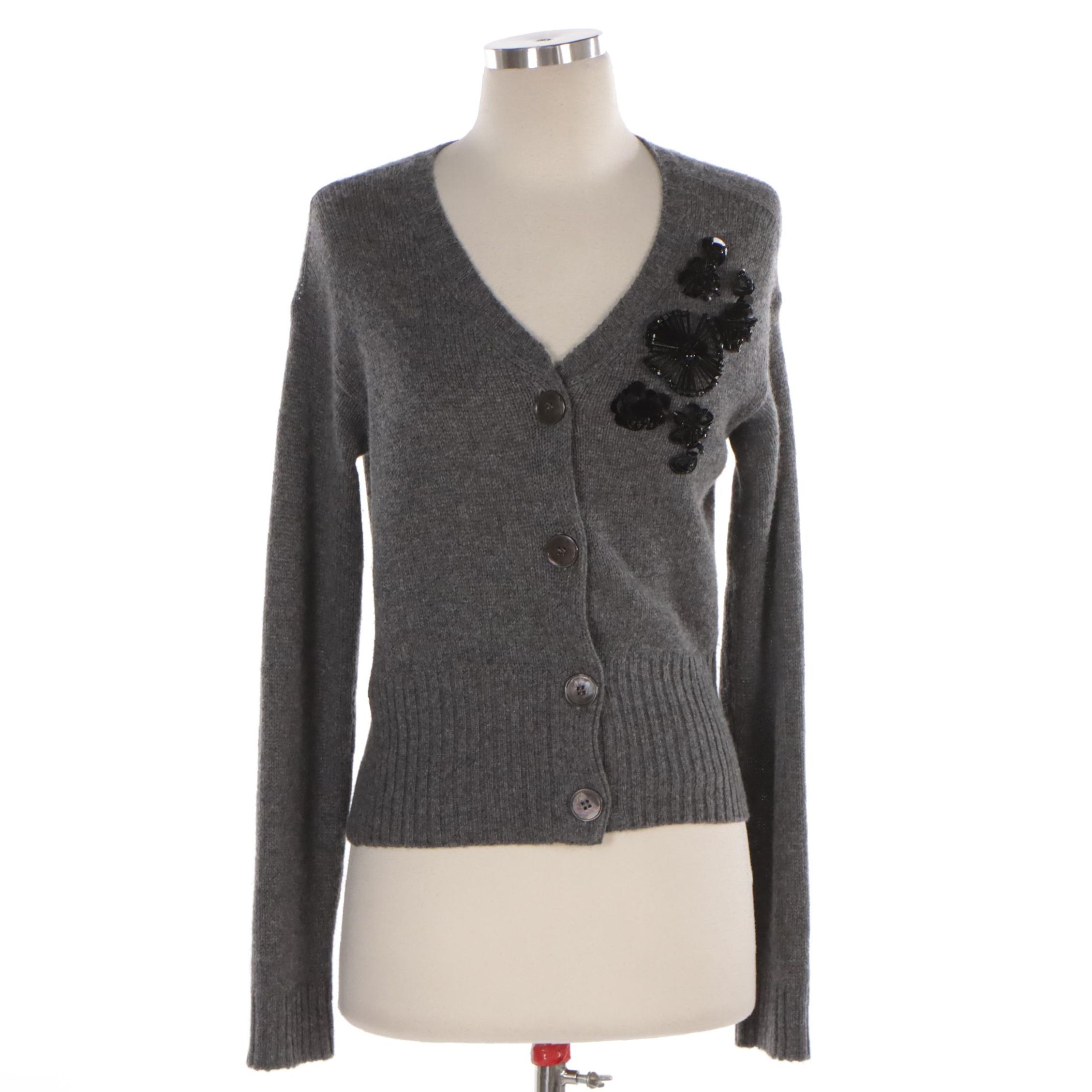 Prada Cardigan Sweater in Grey Cashmere with Glass Embellishment Detailing