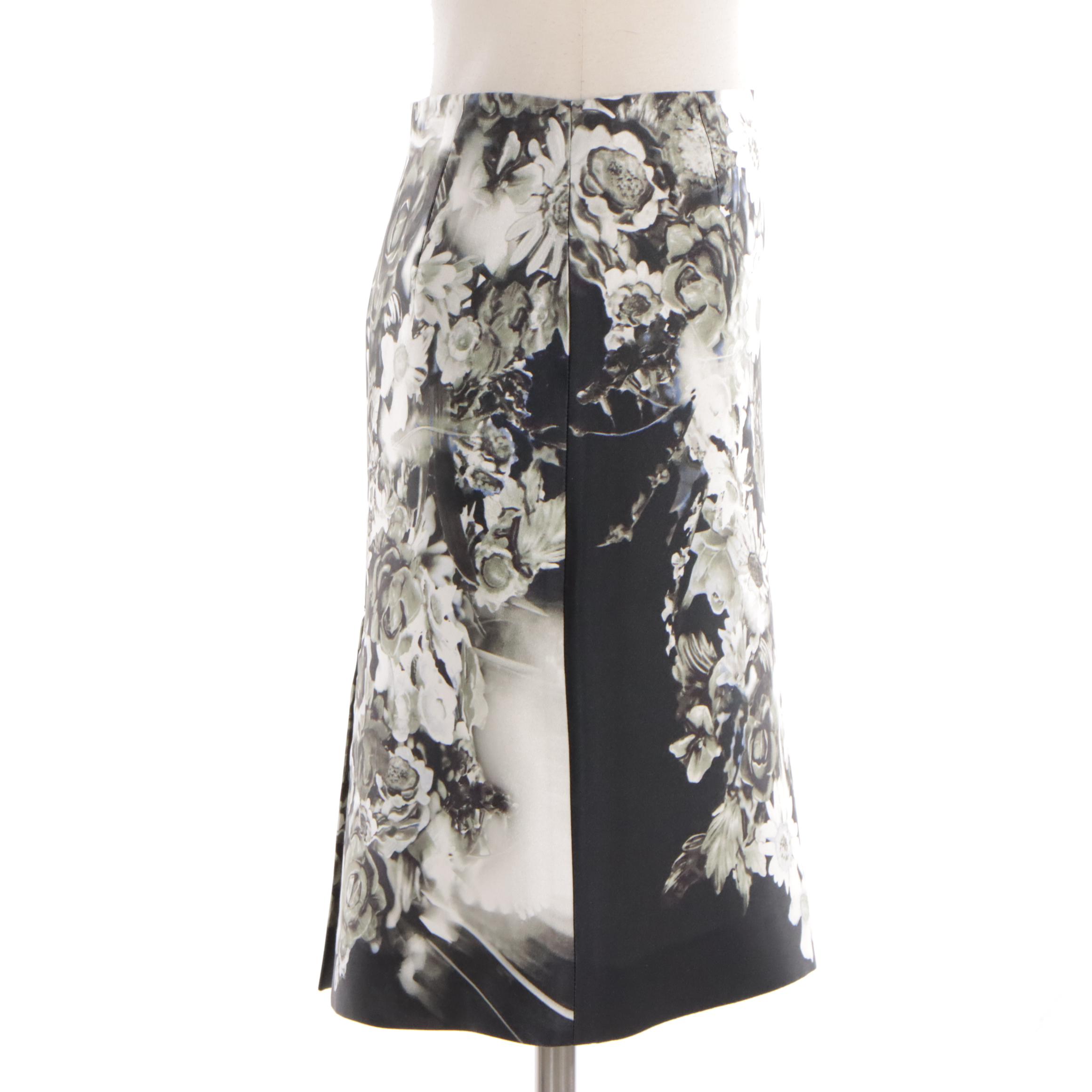 Prada Midi Skirt in Black and White Floral Print Silk