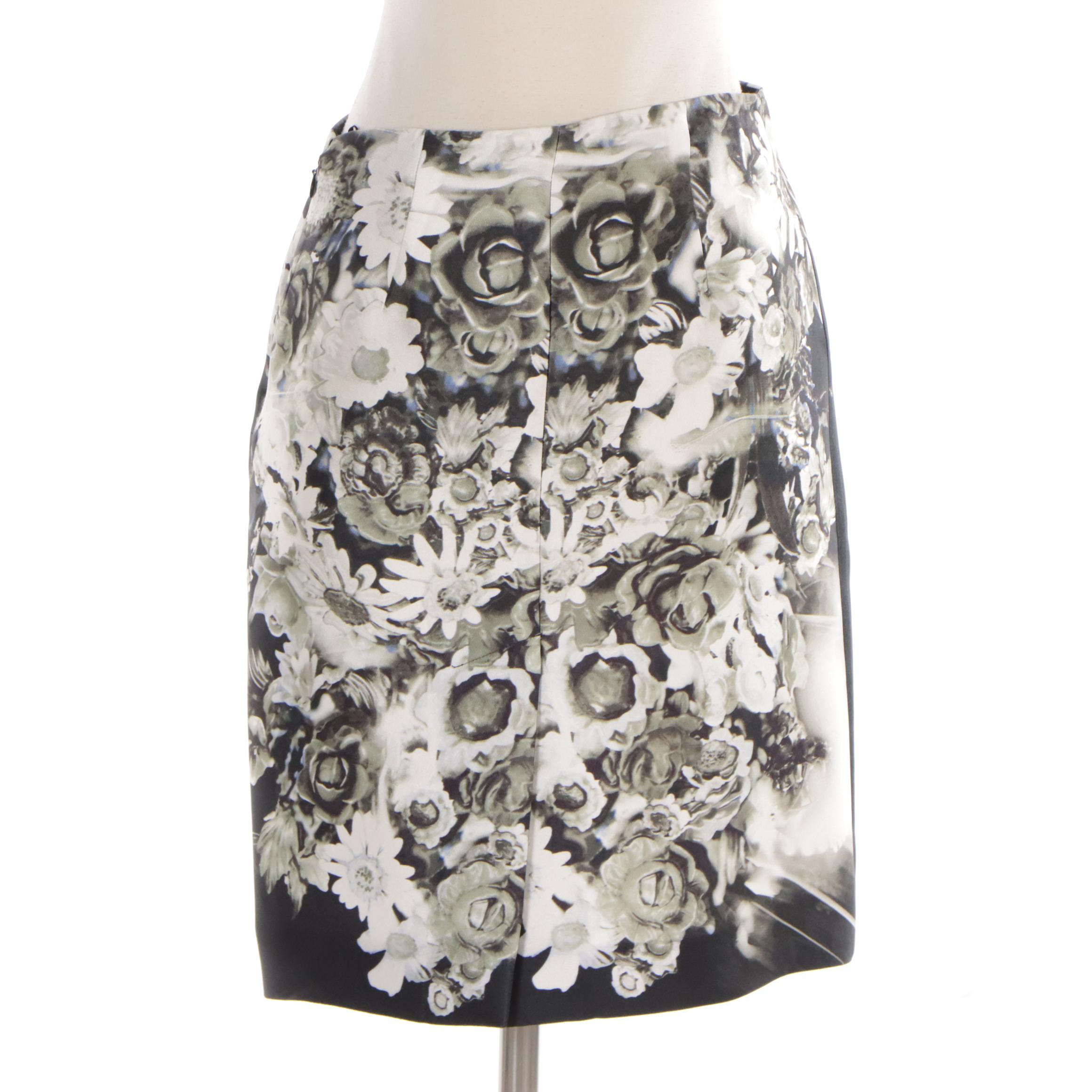 Prada Midi Skirt in Black and White Floral Print Silk