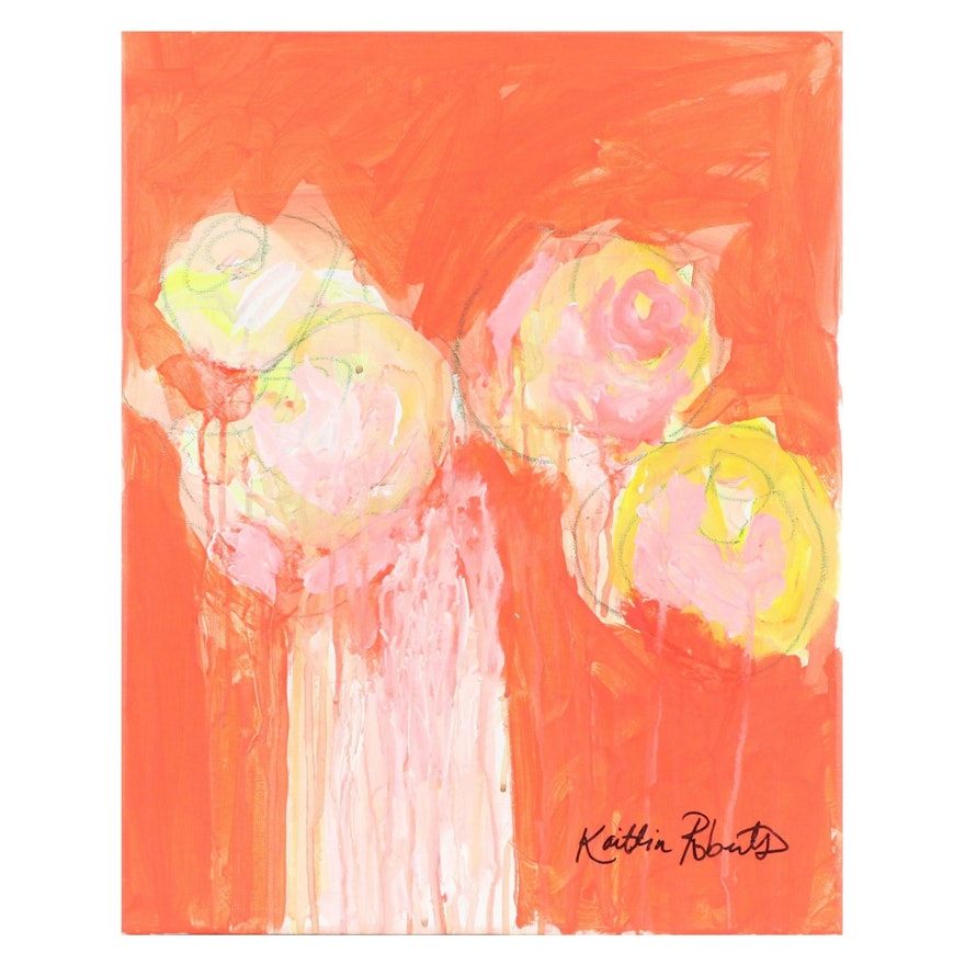 Kait Roberts Stylized Floral Acrylic Painting "Peaches and Lemon," 2022