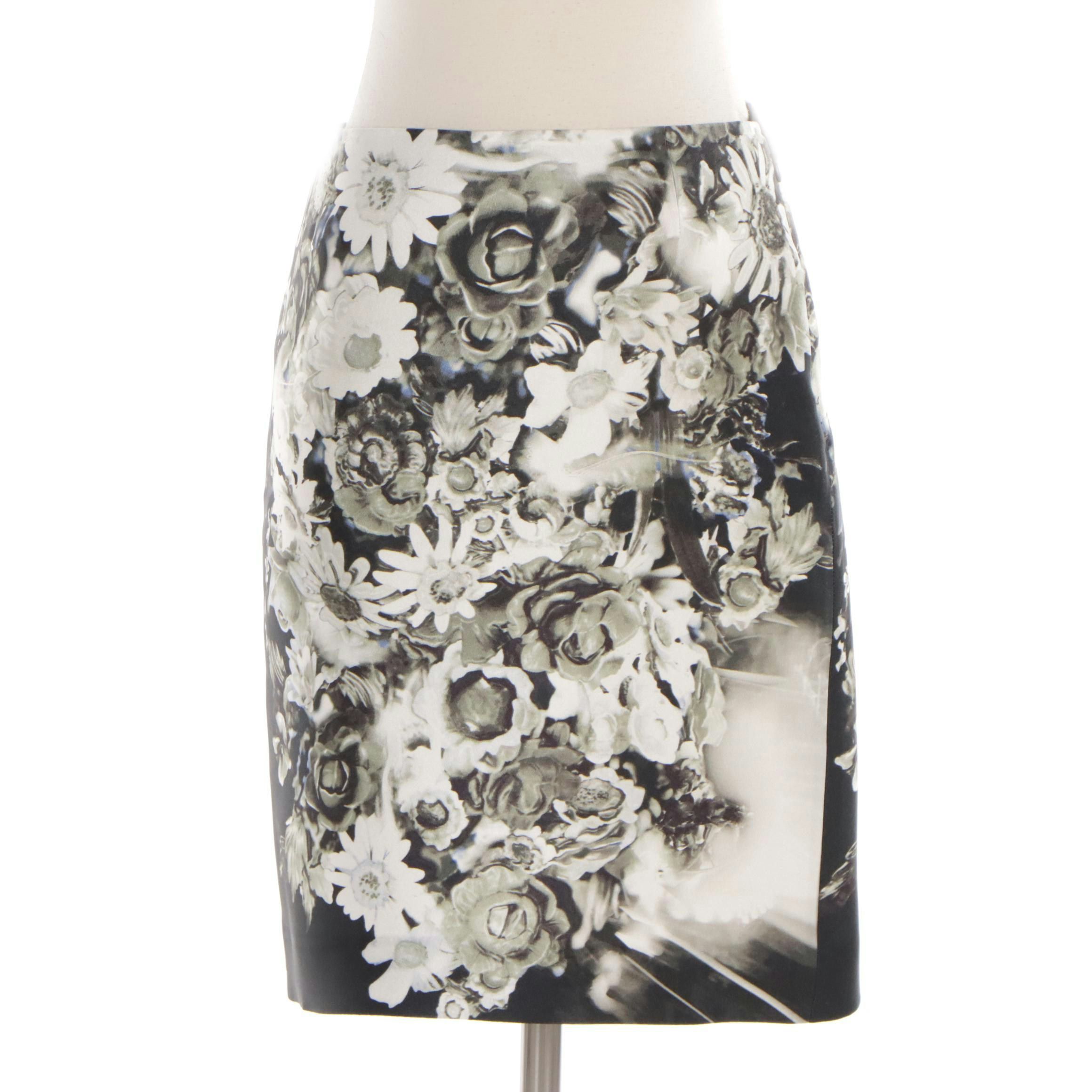 Prada Midi Skirt in Black and White Floral Print Silk