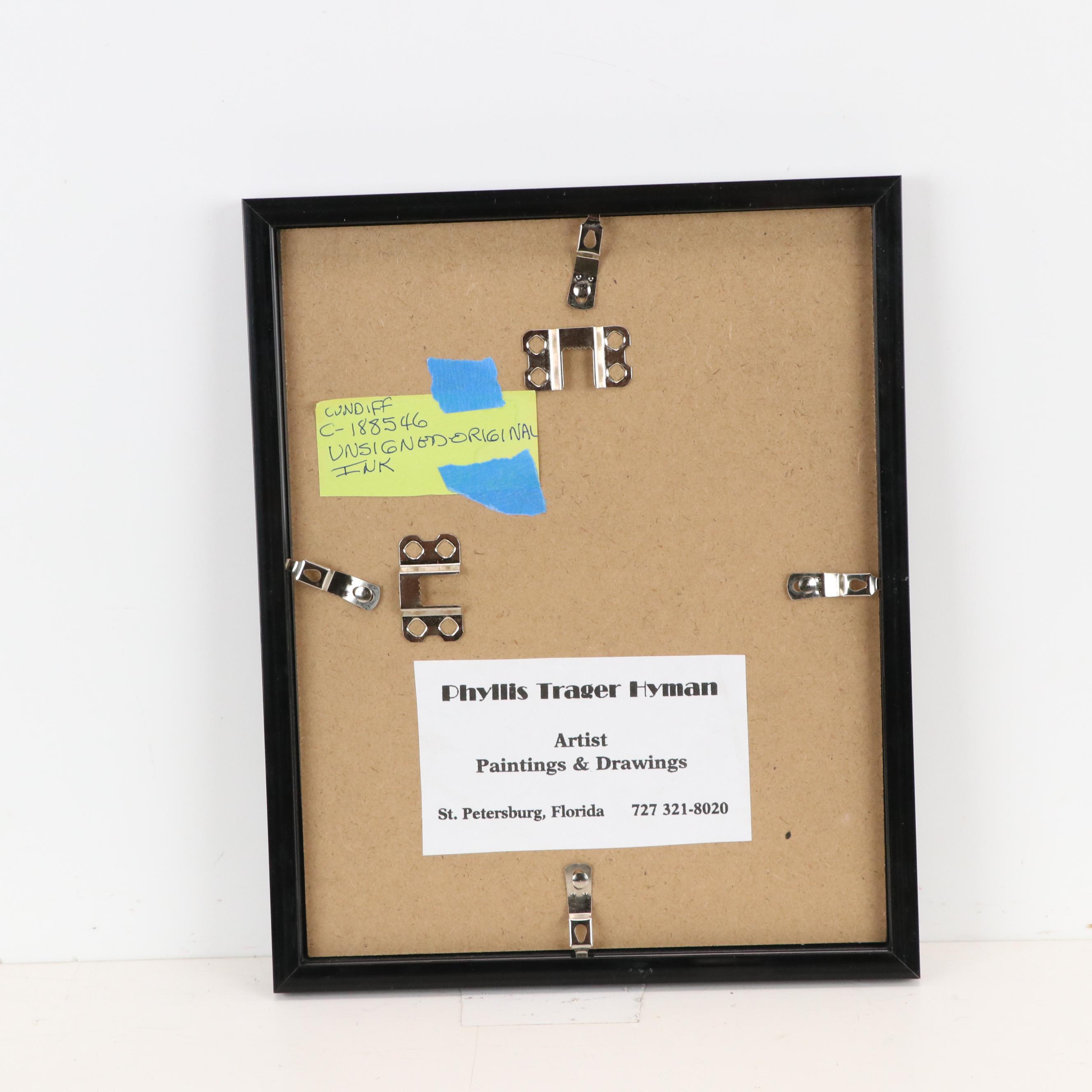 Phyllis Trager Hyman Stylized Ink Portrait, Mid-Late 20th Century