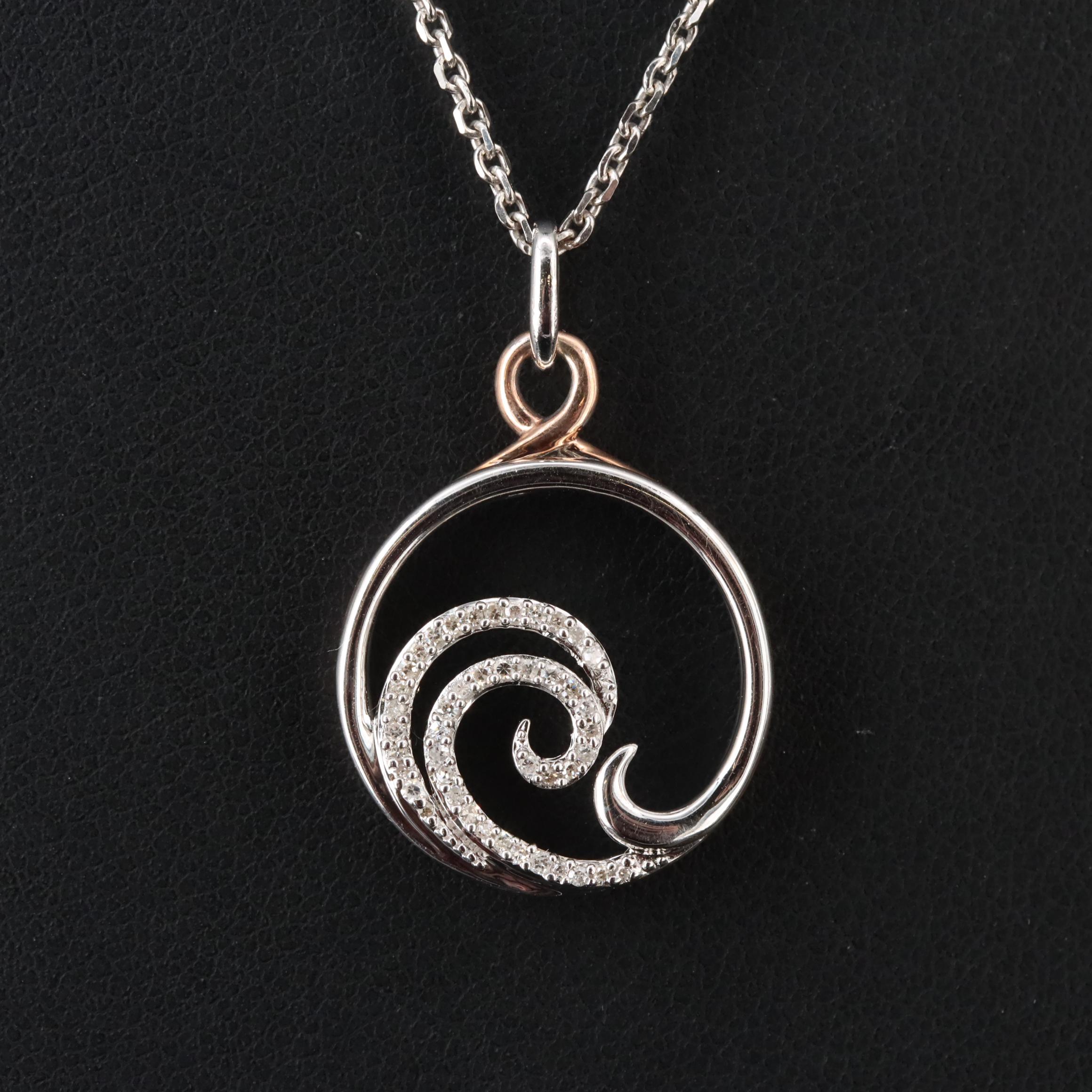 Hallmark Sterling Diamond Wave Pendant Necklace with 10K Rose Gold Accent