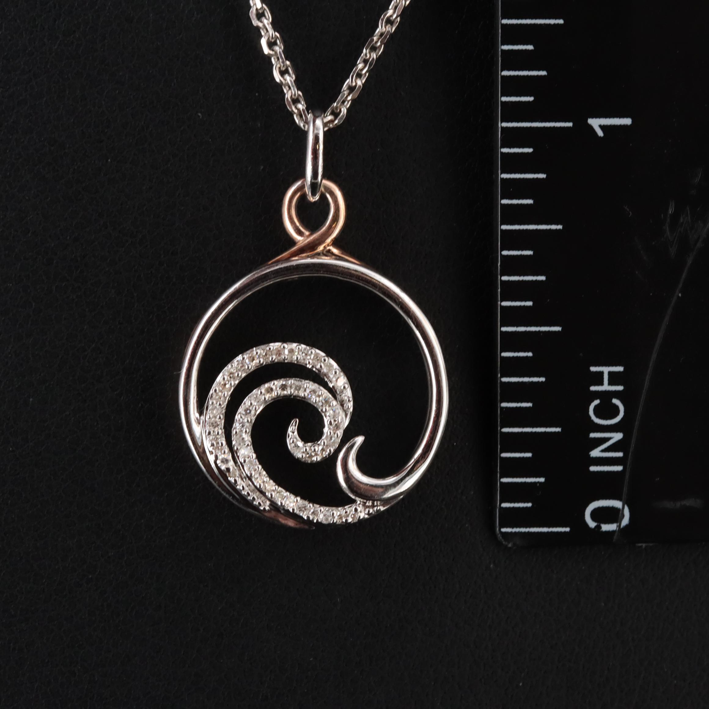 Hallmark Sterling Diamond Wave Pendant Necklace with 10K Rose Gold Accent