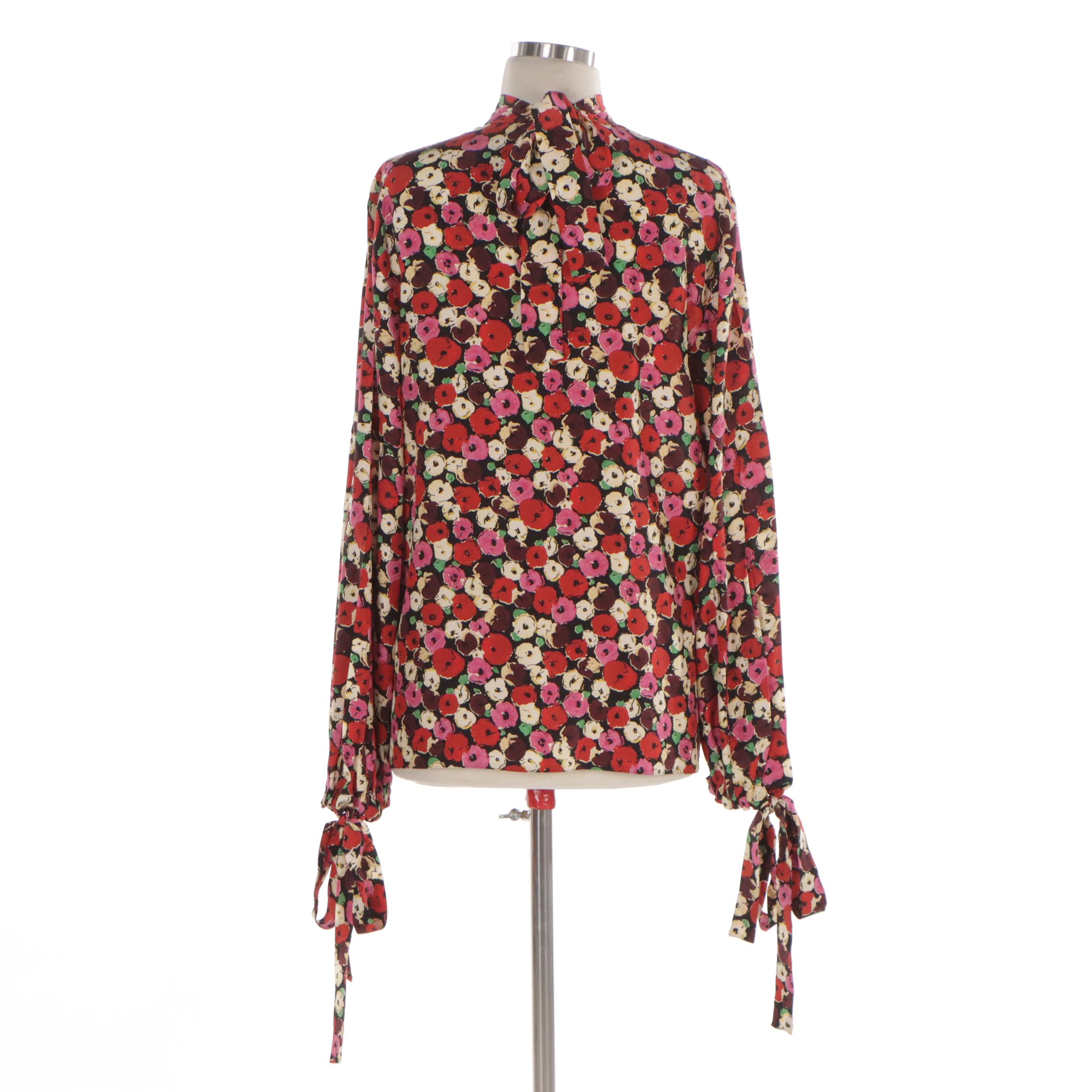 Prada Long Sleeve Lavallière Blouse in Floral Print Silk