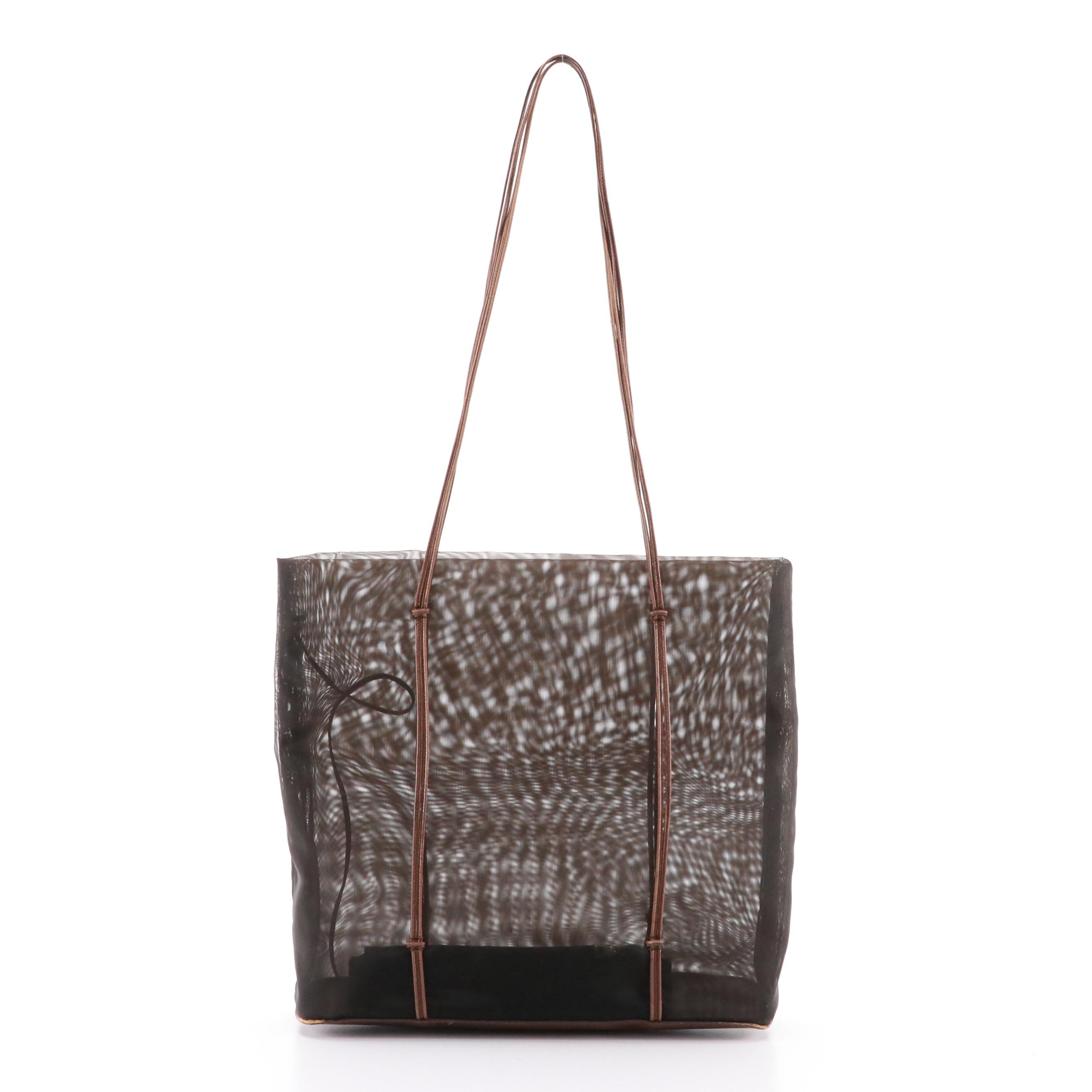 Prada Tote and Zipper Pouch in Nylon Mesh and Brown Leather