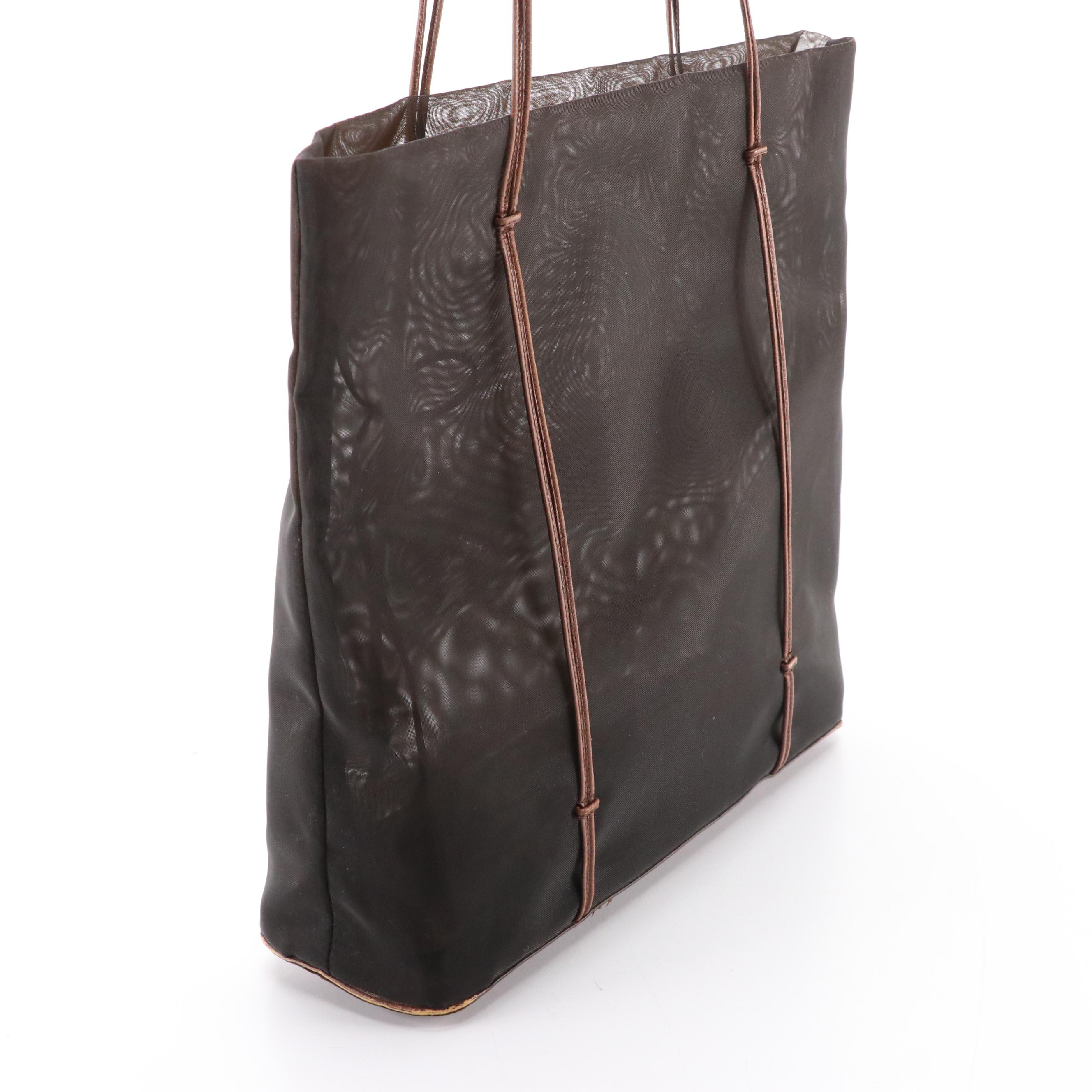 Prada Tote and Zipper Pouch in Nylon Mesh and Brown Leather