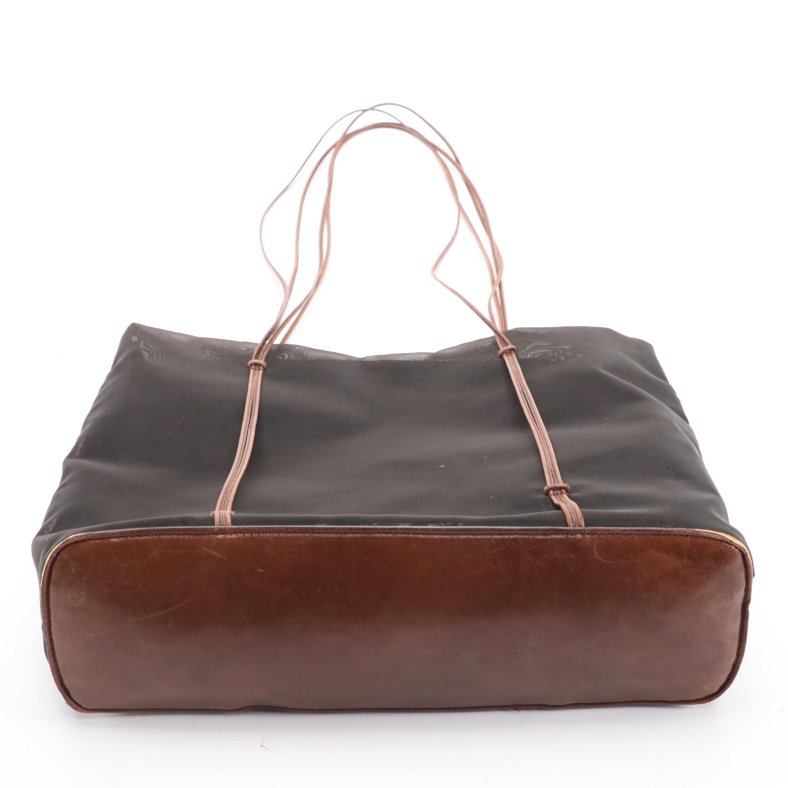 Prada Tote and Zipper Pouch in Nylon Mesh and Brown Leather