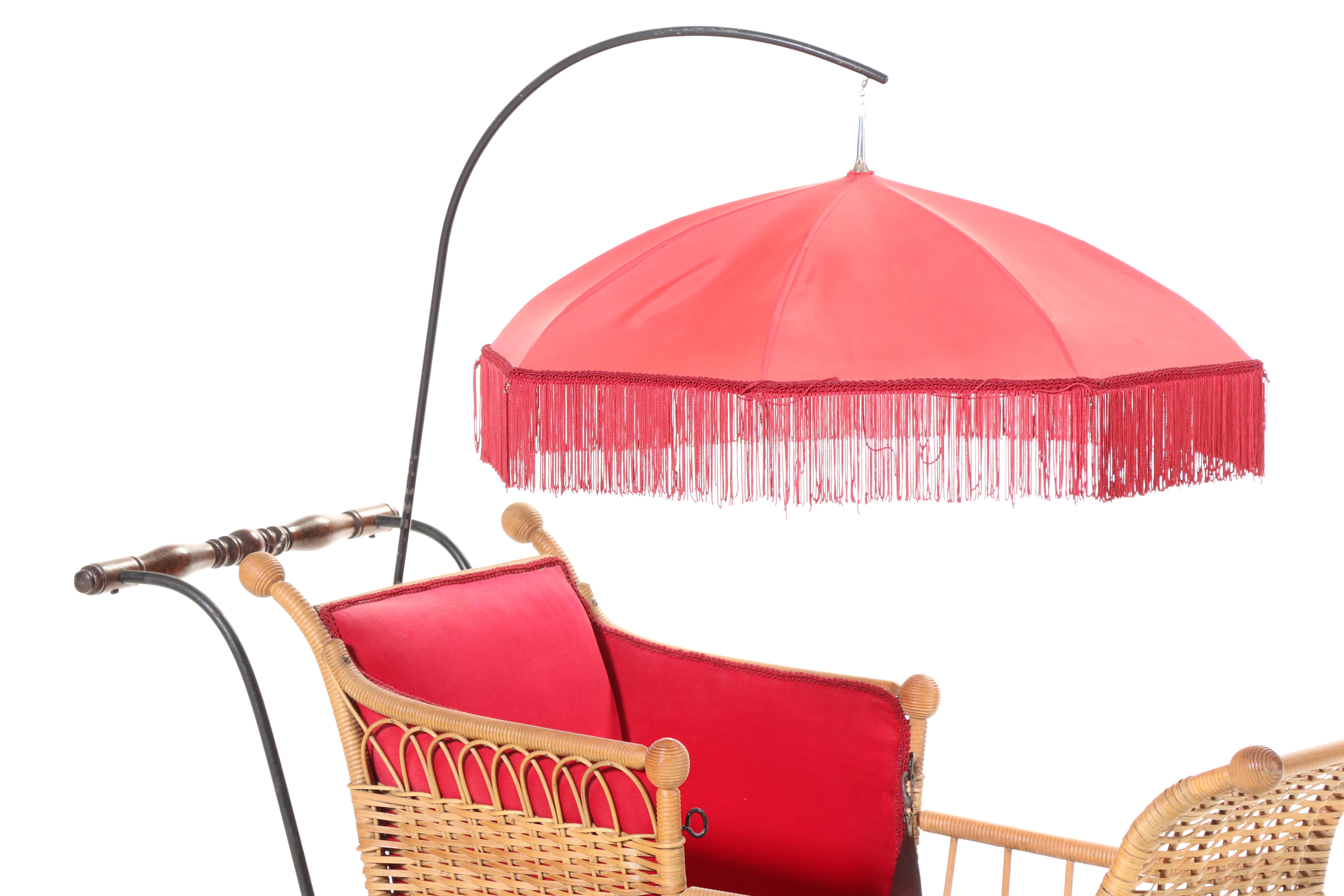 Victorian Style Wicker Baby Carriage with Attached Fringed Parasol