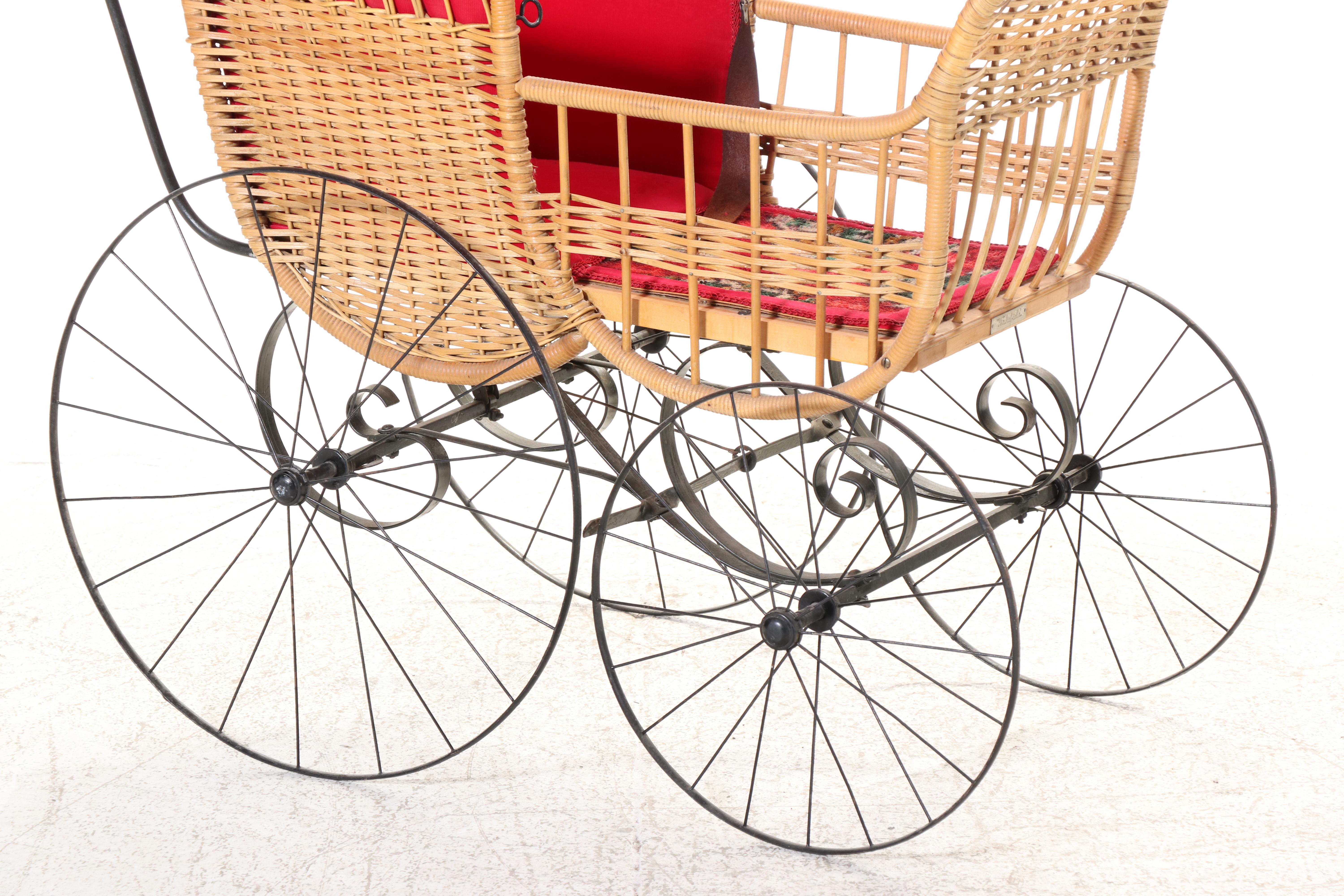 Victorian Style Wicker Baby Carriage with Attached Fringed Parasol