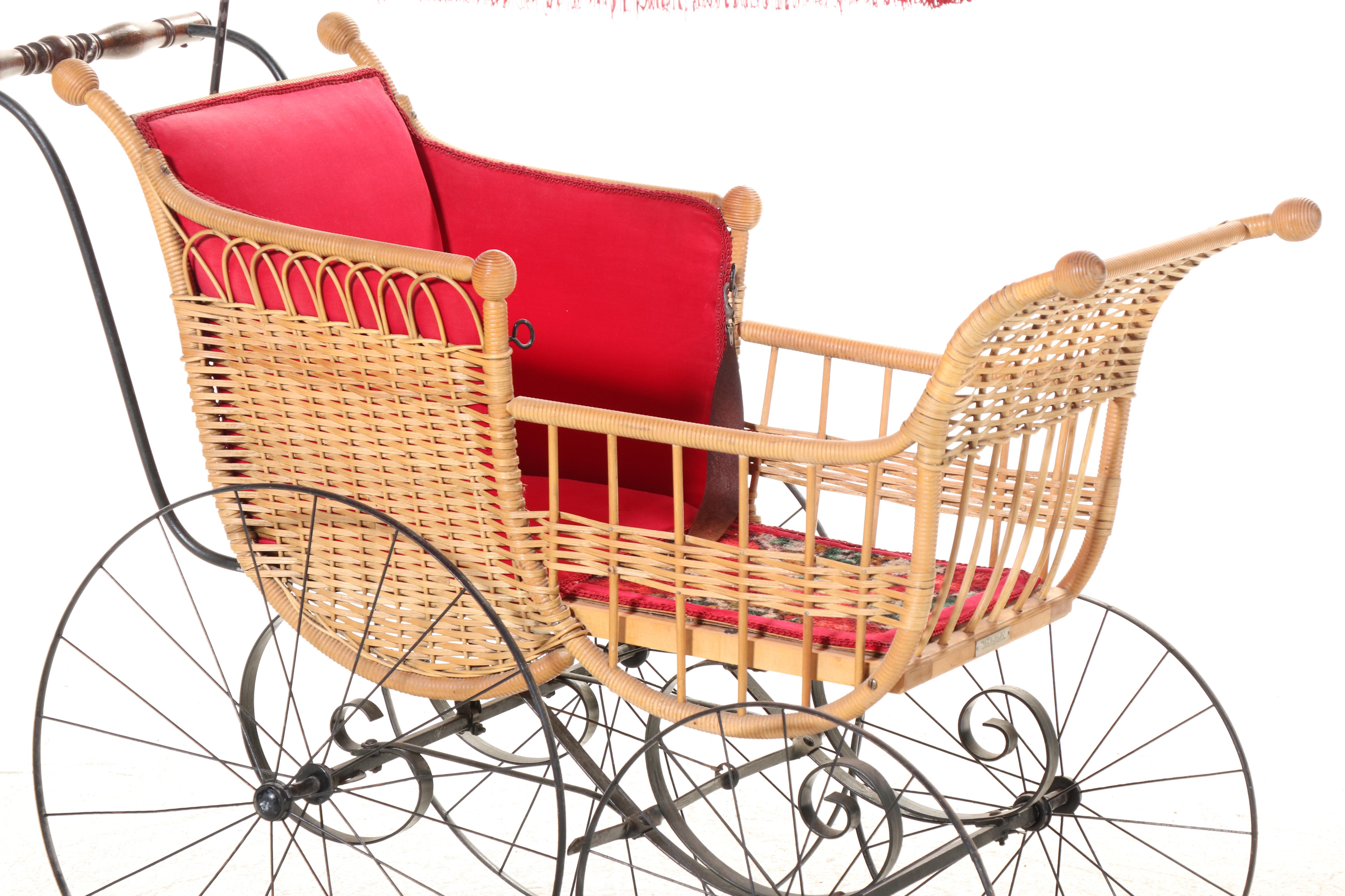 Victorian Style Wicker Baby Carriage with Attached Fringed Parasol