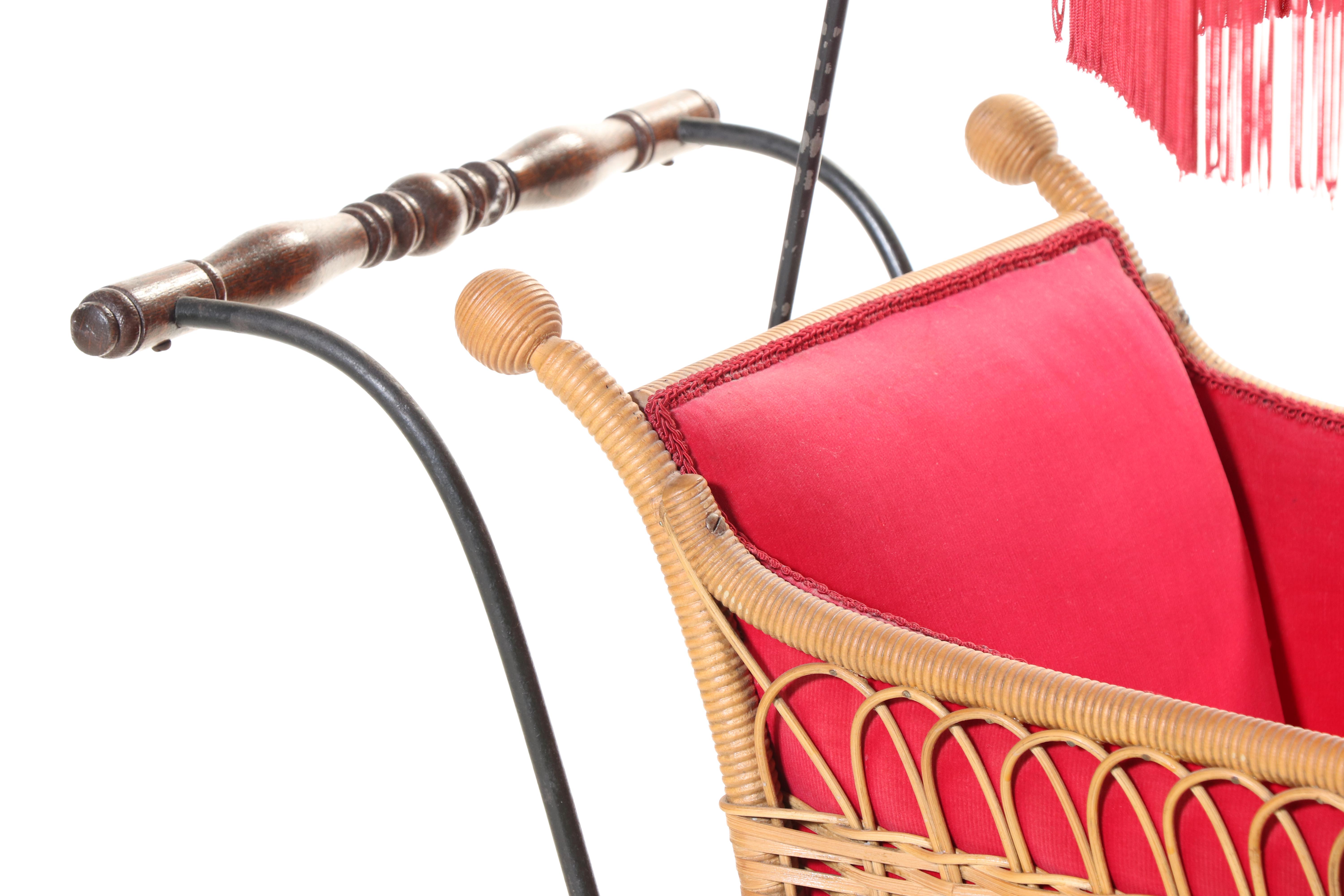 Victorian Style Wicker Baby Carriage with Attached Fringed Parasol