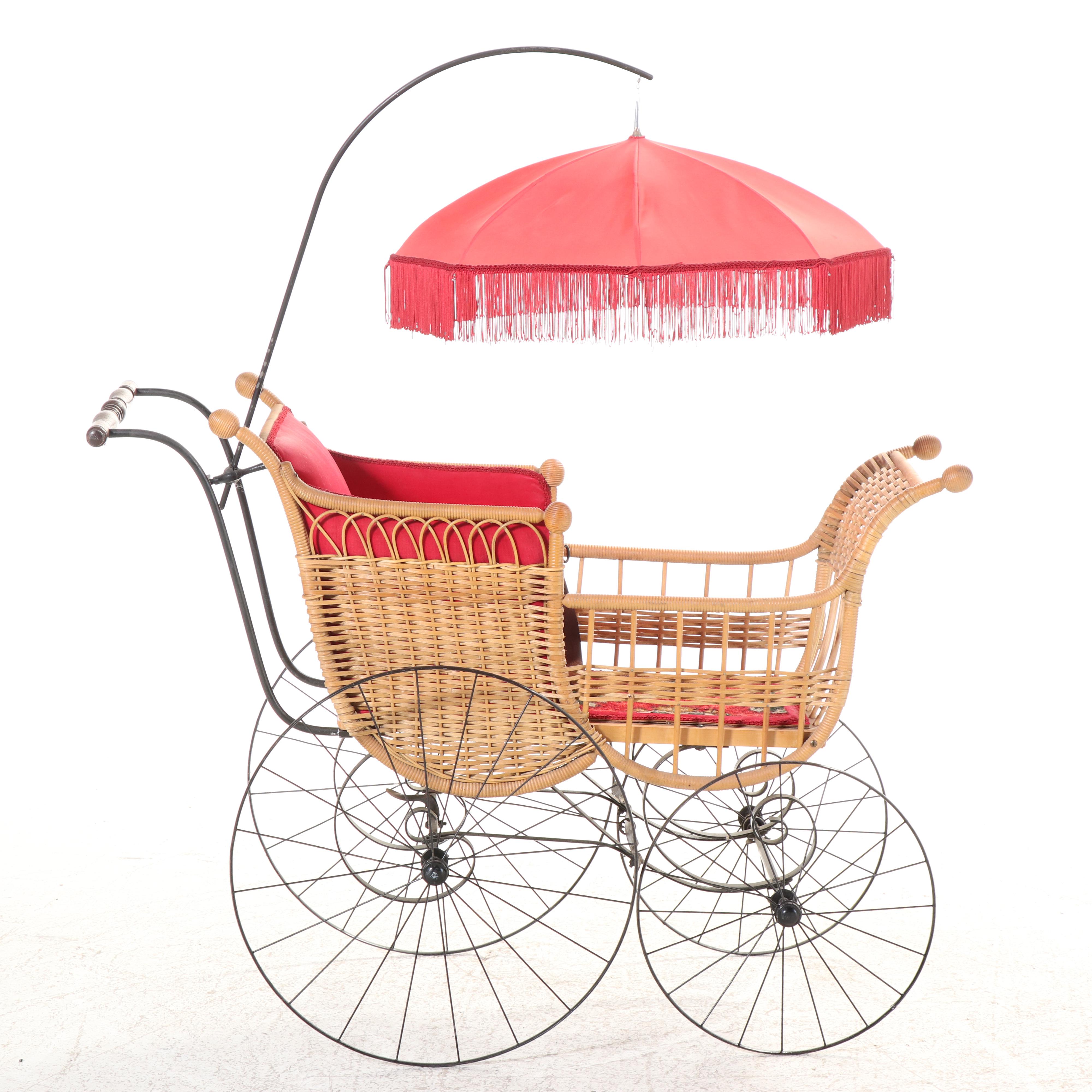 Victorian Style Wicker Baby Carriage with Attached Fringed Parasol