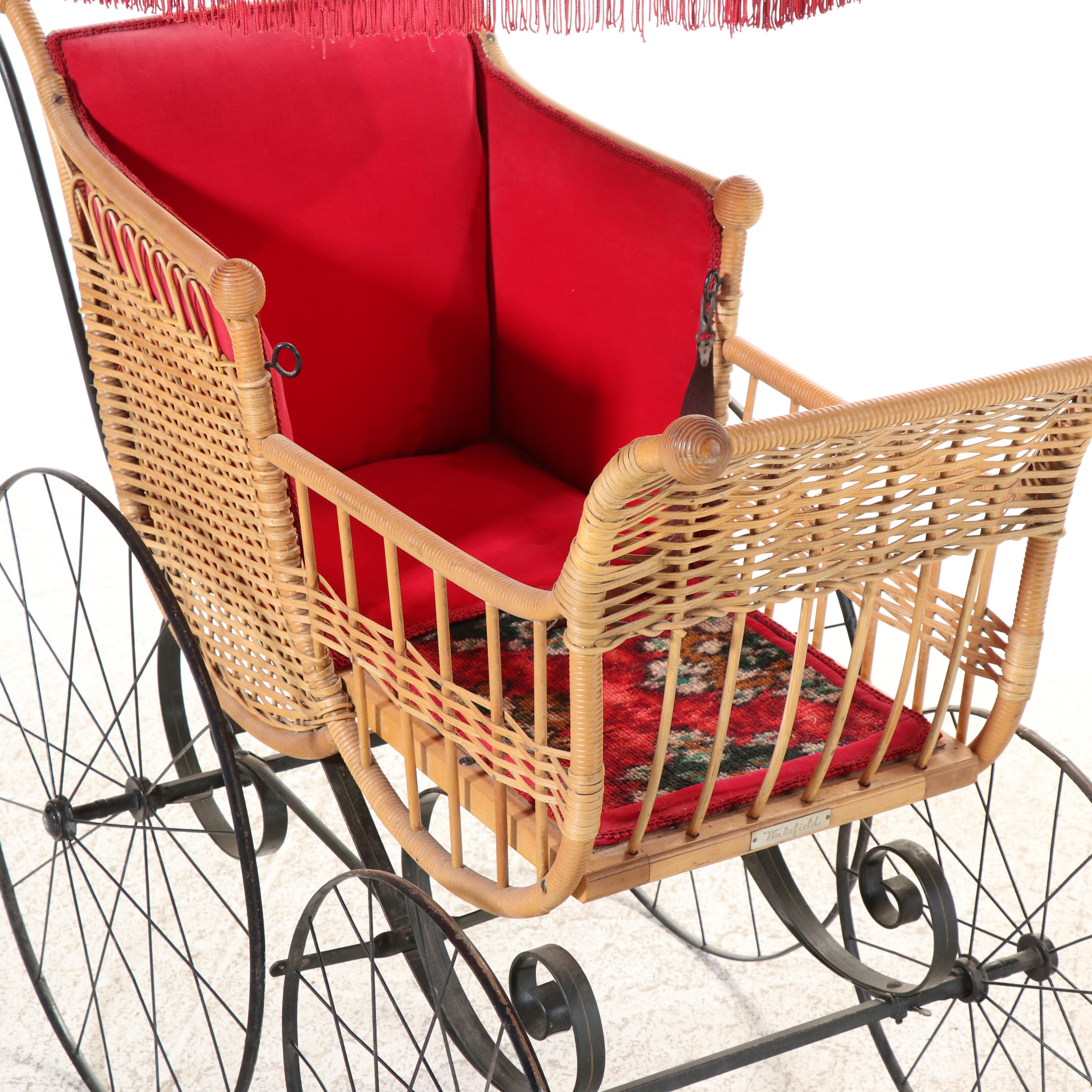 Victorian Style Wicker Baby Carriage with Attached Fringed Parasol
