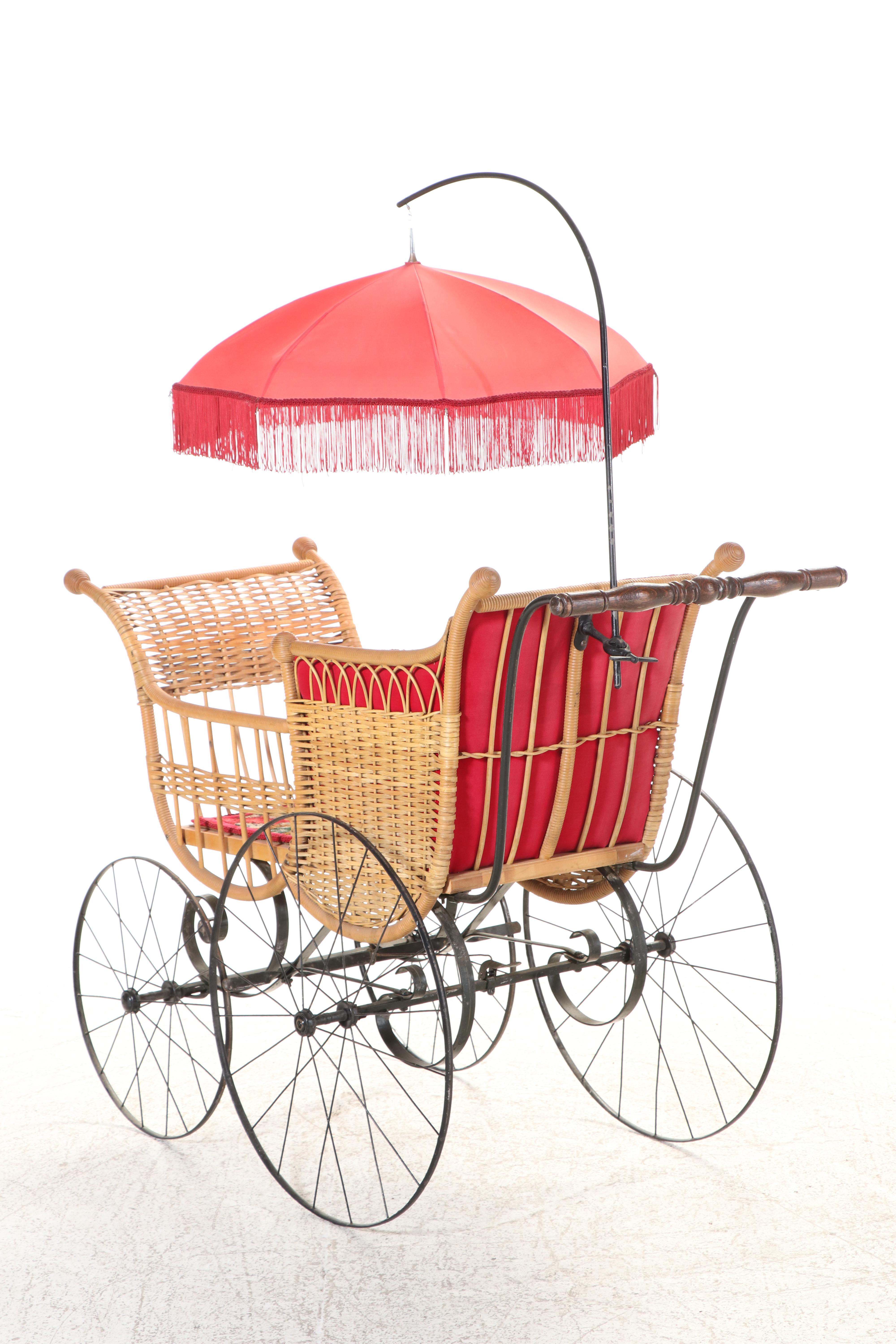 Victorian Style Wicker Baby Carriage with Attached Fringed Parasol