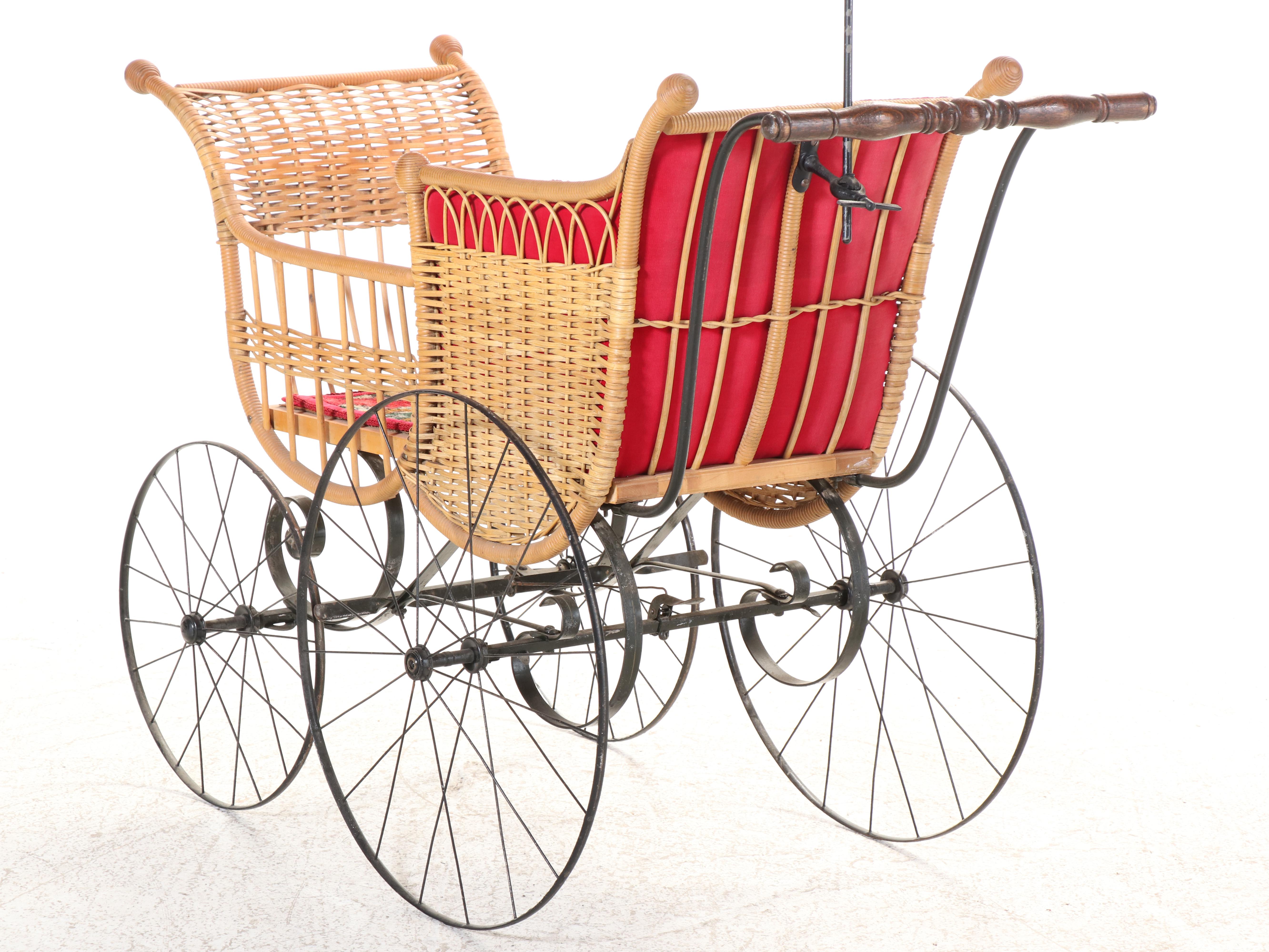 Victorian Style Wicker Baby Carriage with Attached Fringed Parasol