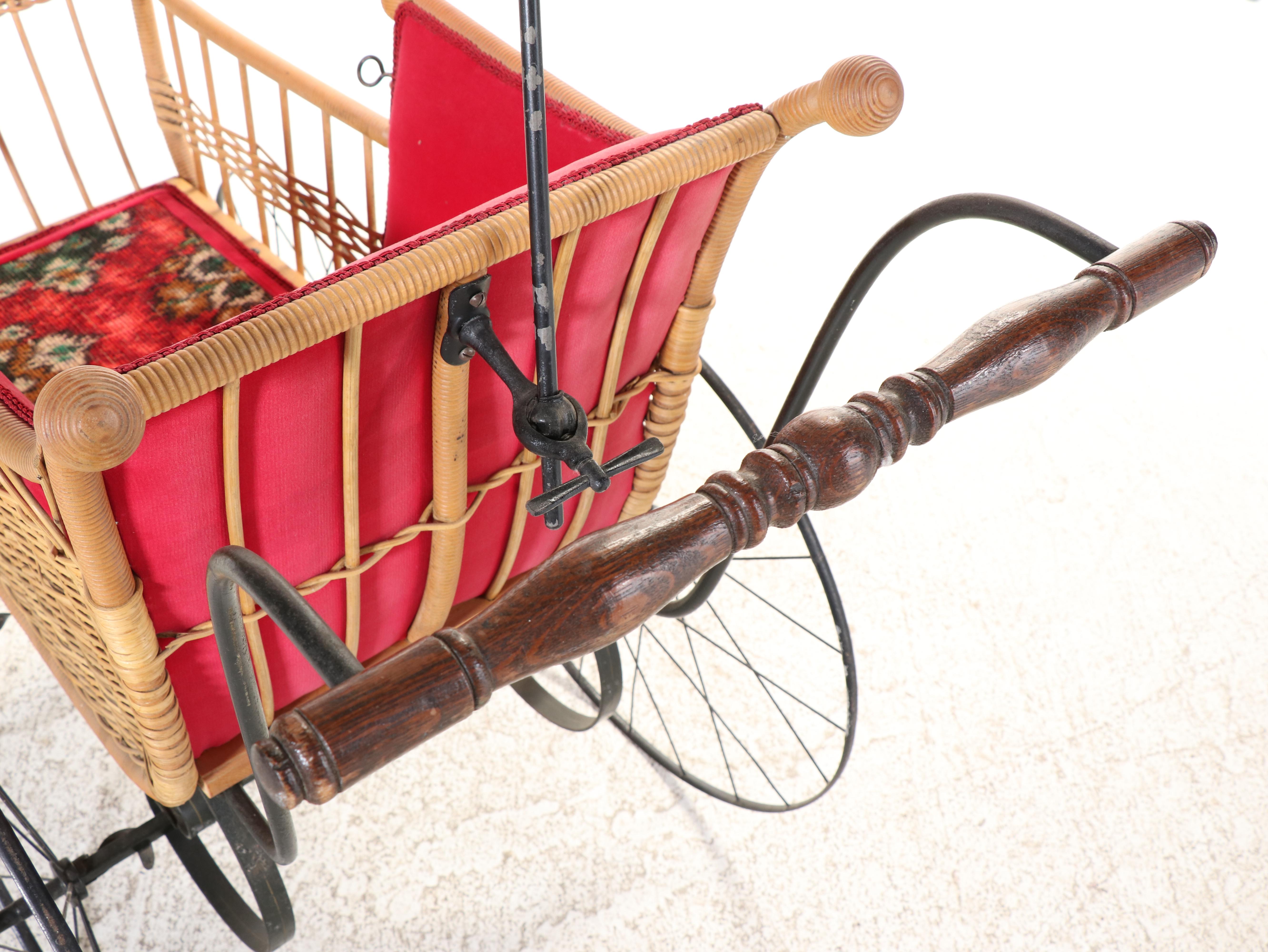 Victorian Style Wicker Baby Carriage with Attached Fringed Parasol