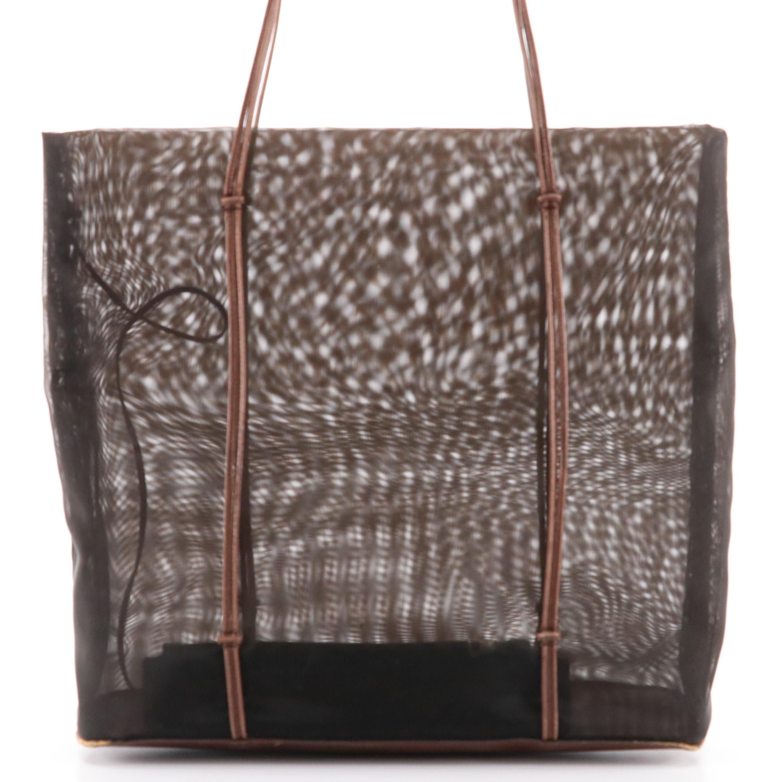 Prada Tote and Zipper Pouch in Nylon Mesh and Brown Leather
