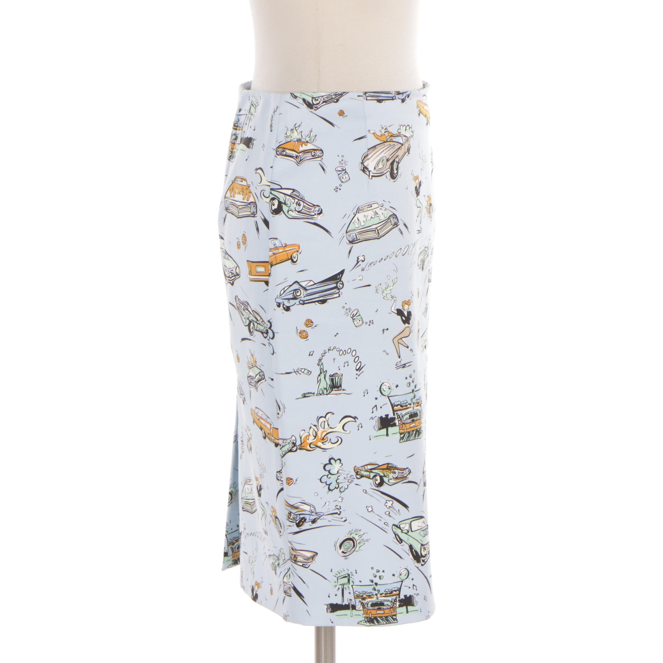 Prada Retro Cartoon Figural and Car Print Skirt