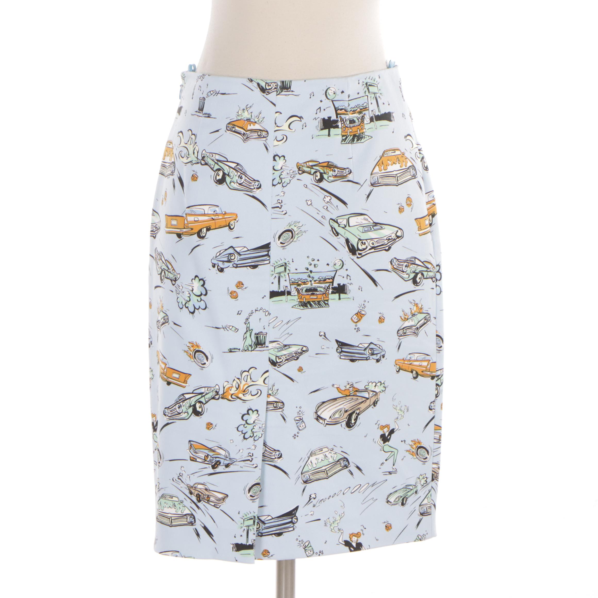 Prada Retro Cartoon Figural and Car Print Skirt