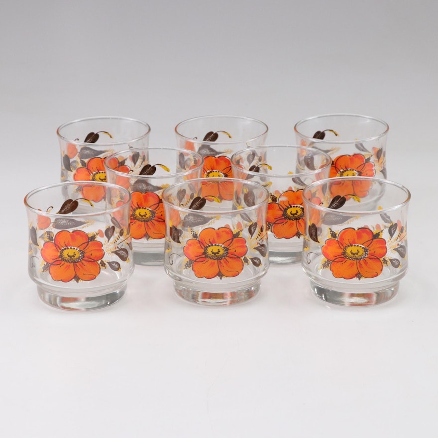 Dominion Glass Orange Floral Juice Glasses, 1970s