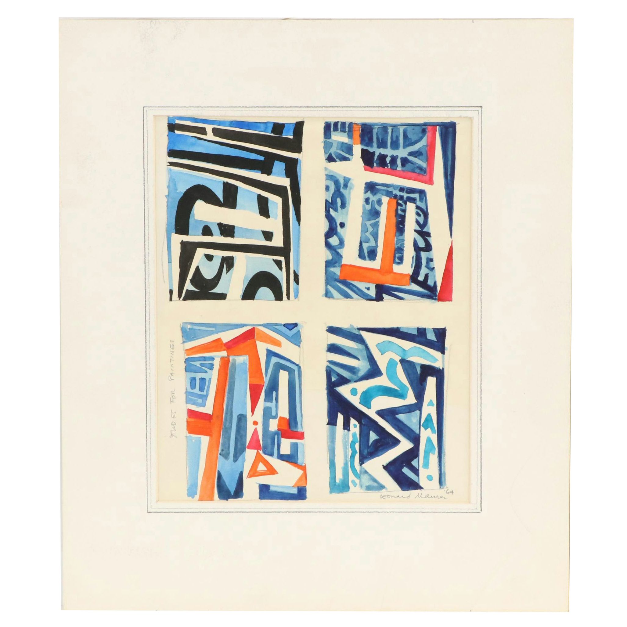 Leonard Maurer Modern Abstract Watercolor Painting "Studies for Paintings," 1964