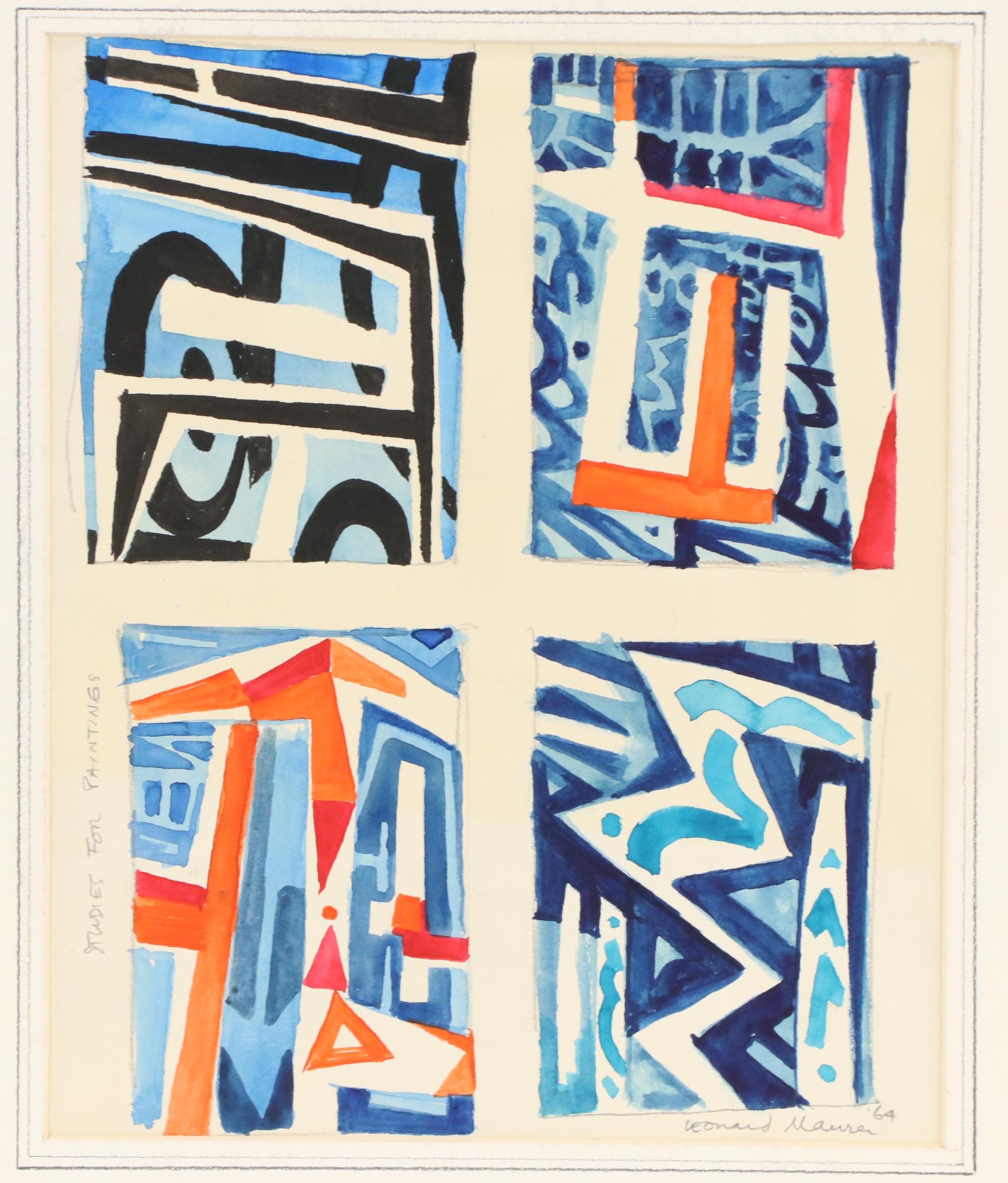 Leonard Maurer Modern Abstract Watercolor Painting "Studies for Paintings," 1964