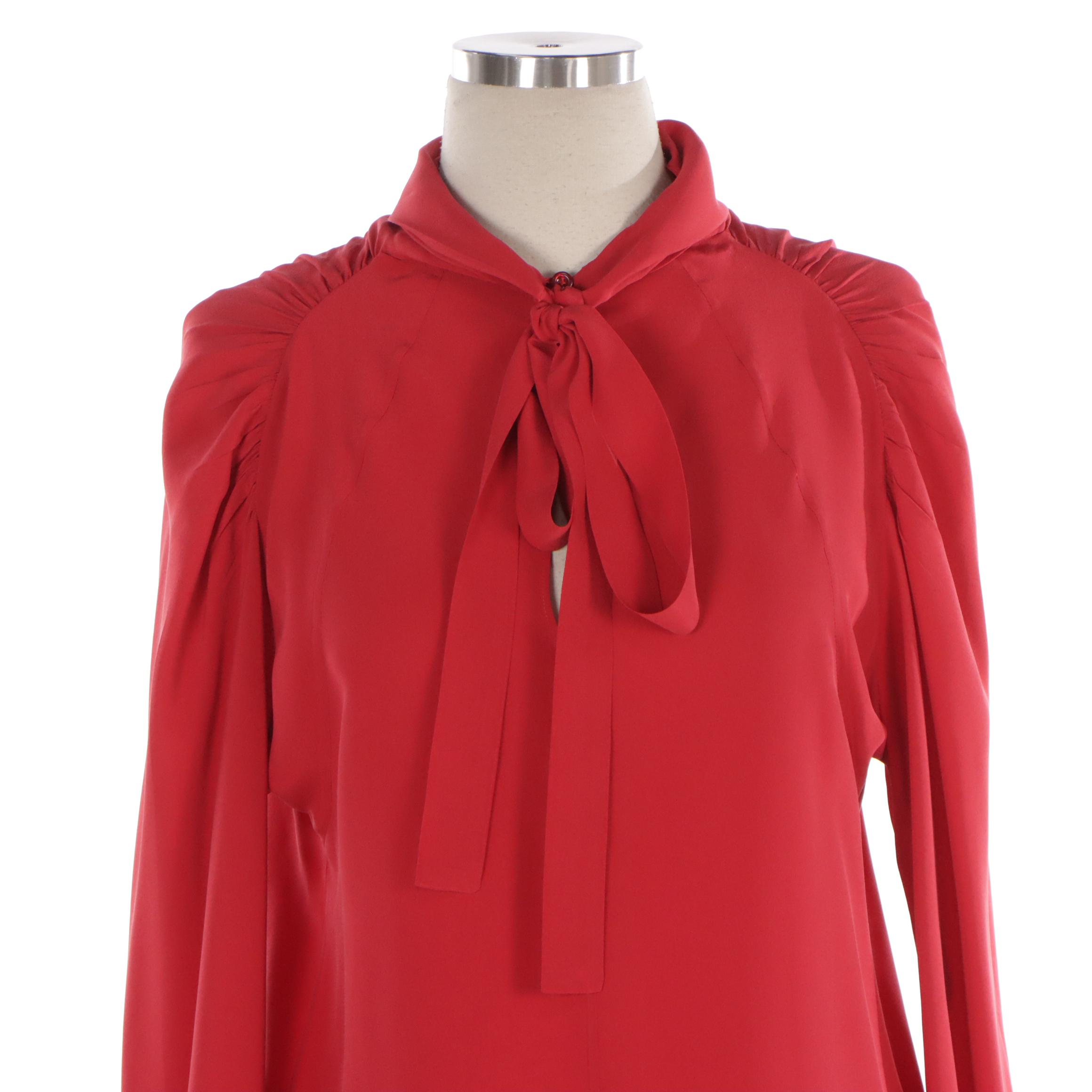 Prada Red Silk Tie-Neck Blouse with Ruched Shoulders