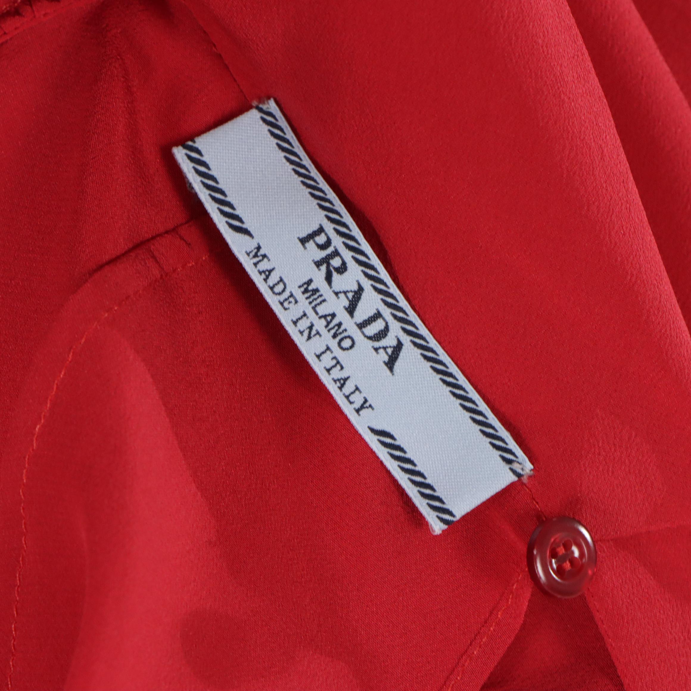 Prada Red Silk Tie-Neck Blouse with Ruched Shoulders