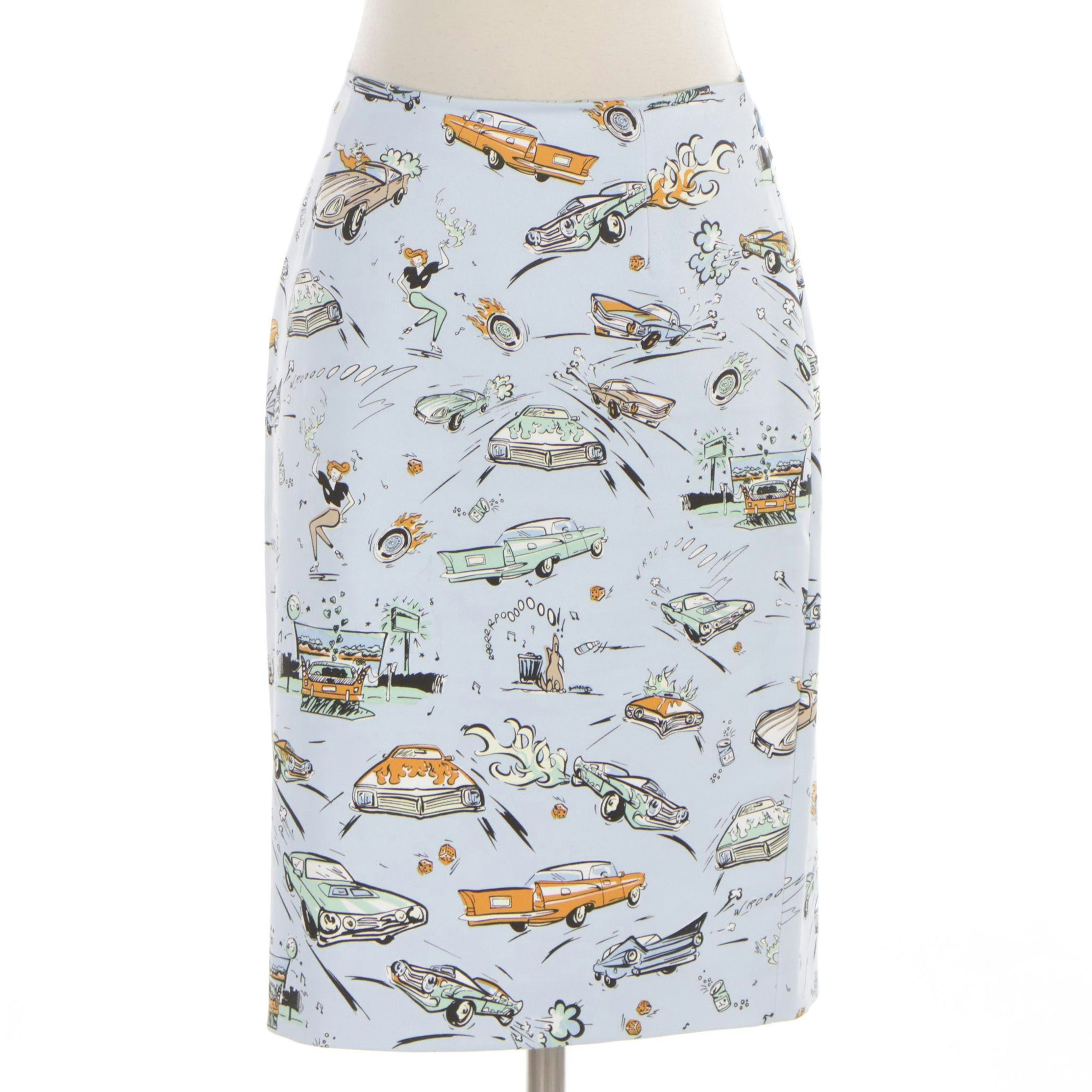 Prada Retro Cartoon Figural and Car Print Skirt