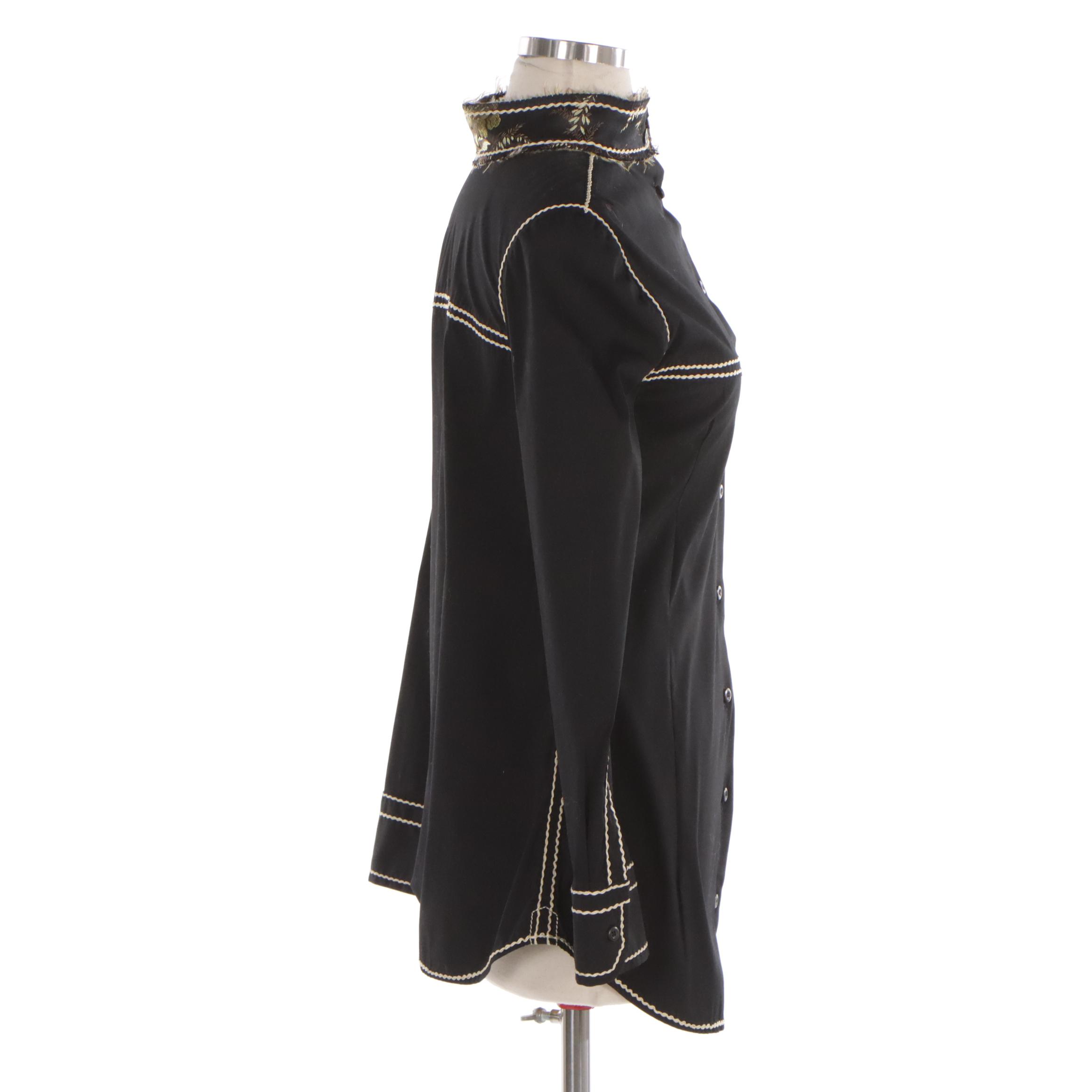Prada Black Shirt with Contrast Stitching and Brocade Detailing