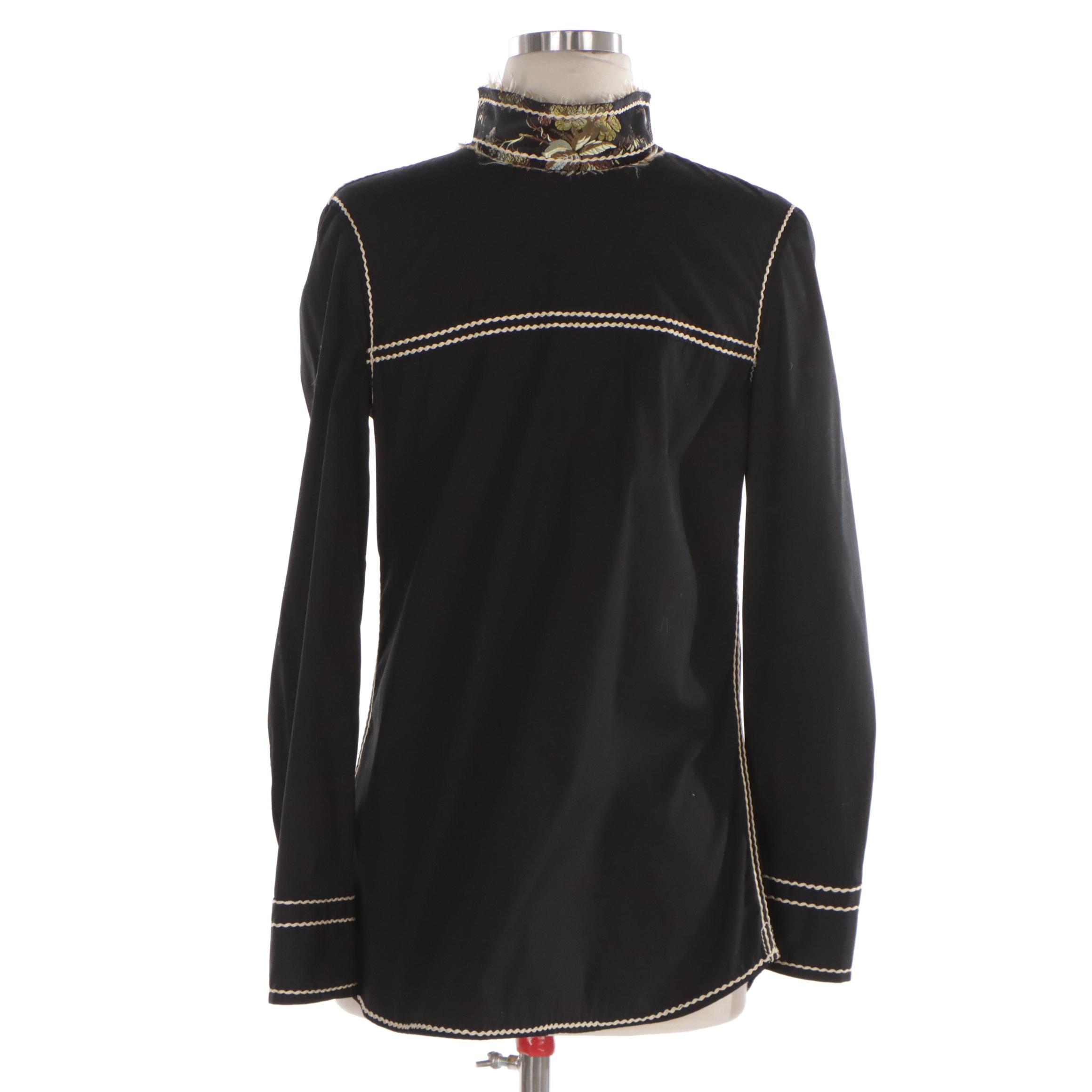 Prada Black Shirt with Contrast Stitching and Brocade Detailing