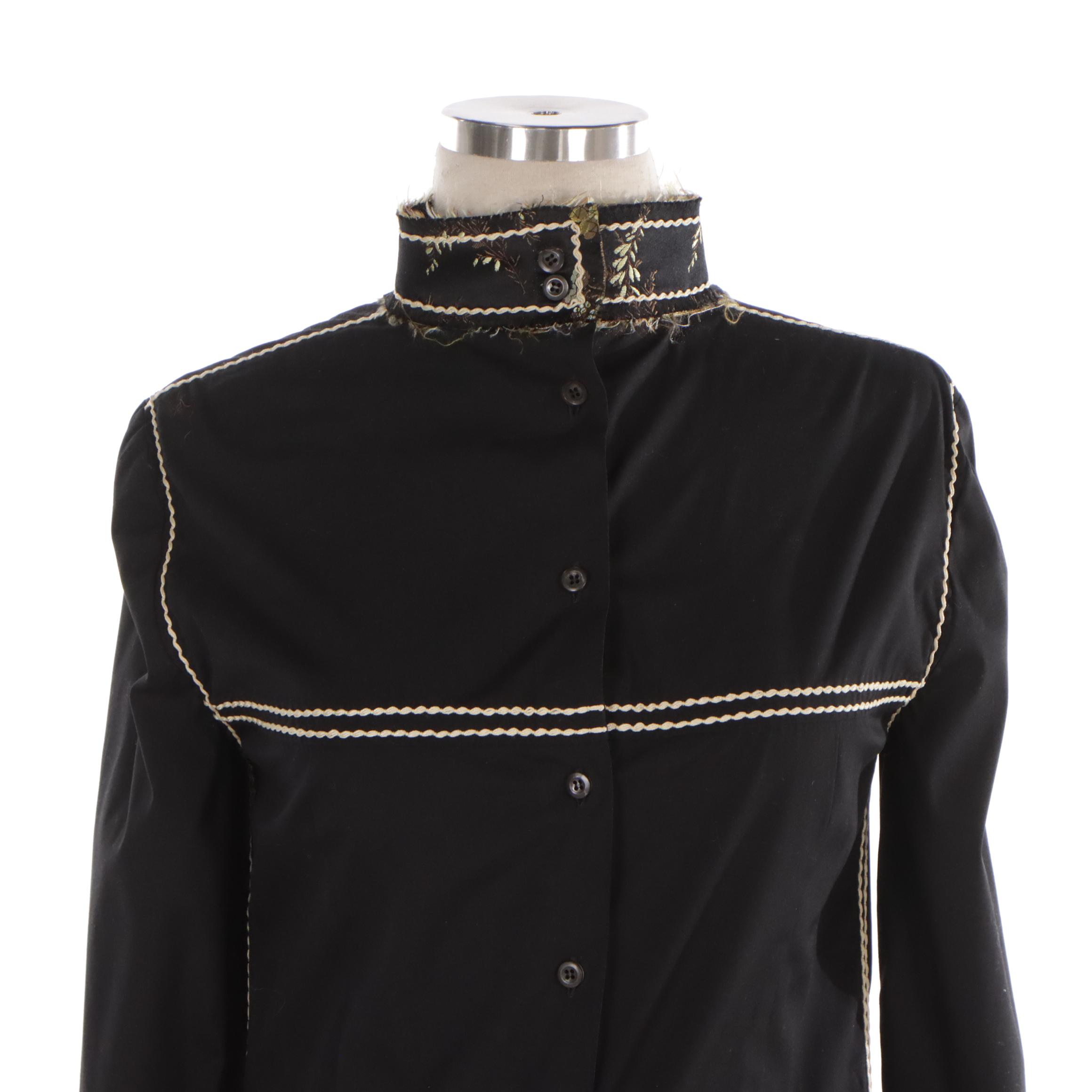 Prada Black Shirt with Contrast Stitching and Brocade Detailing