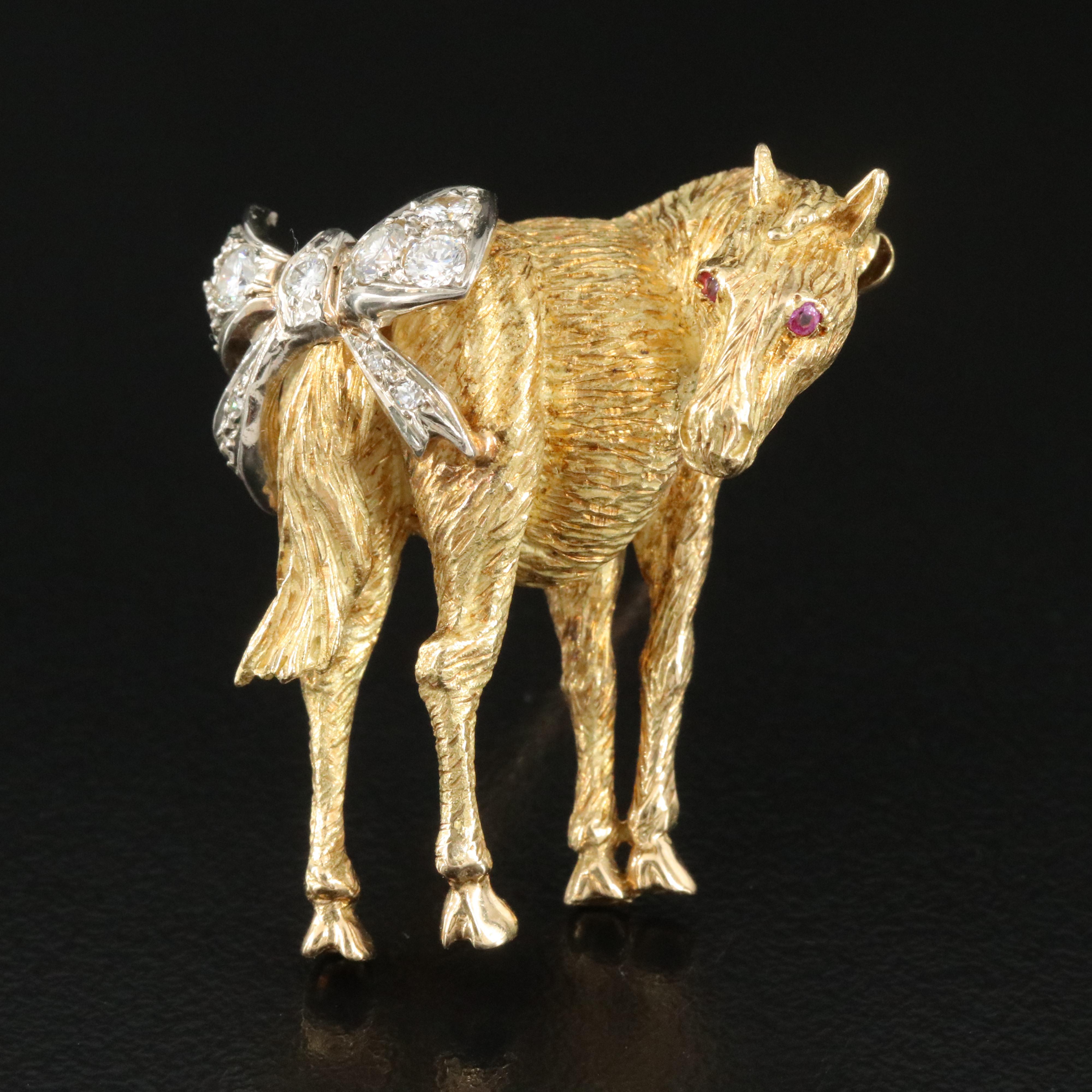 Peter Lindeman 18K and 14K Ruby and Diamond Articulated Horse Brooch