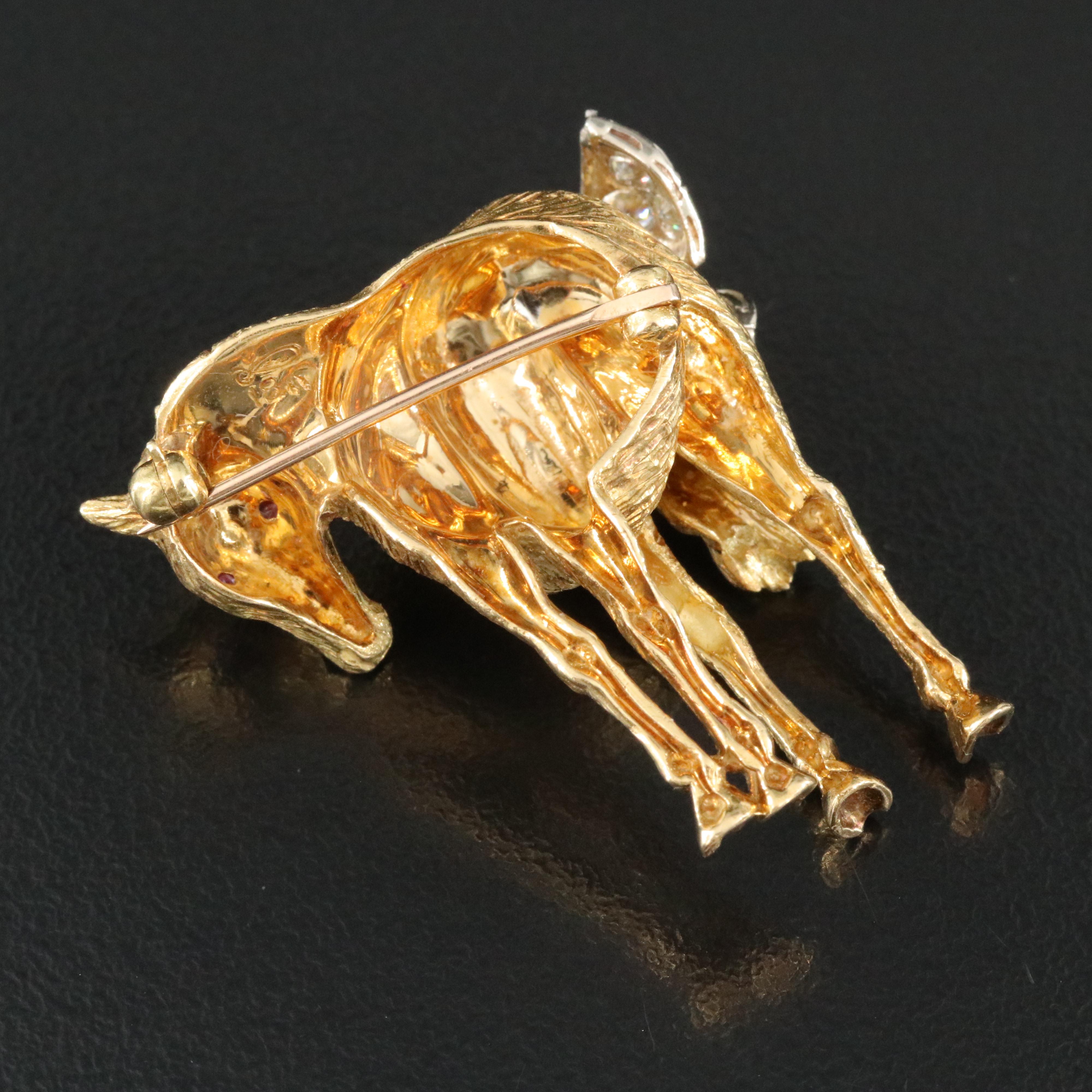 Peter Lindeman 18K and 14K Ruby and Diamond Articulated Horse Brooch