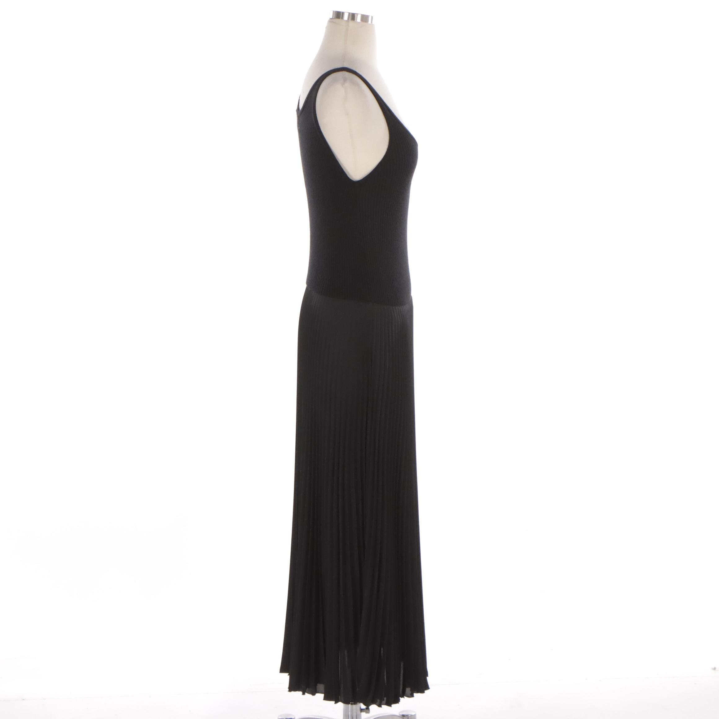 Prada Black Ribbed Knit and Pleated Sleeveless Dress