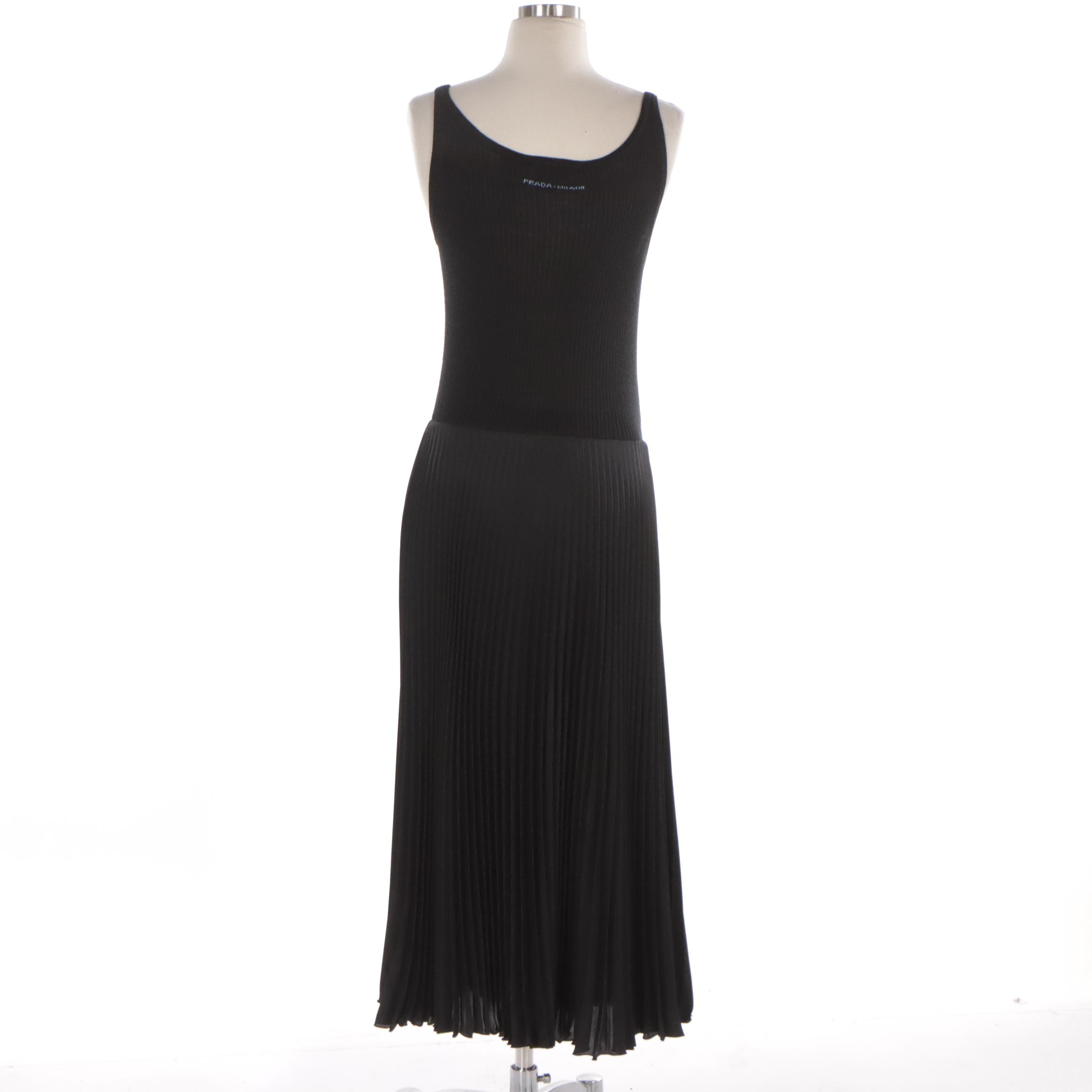 Prada Black Ribbed Knit and Pleated Sleeveless Dress