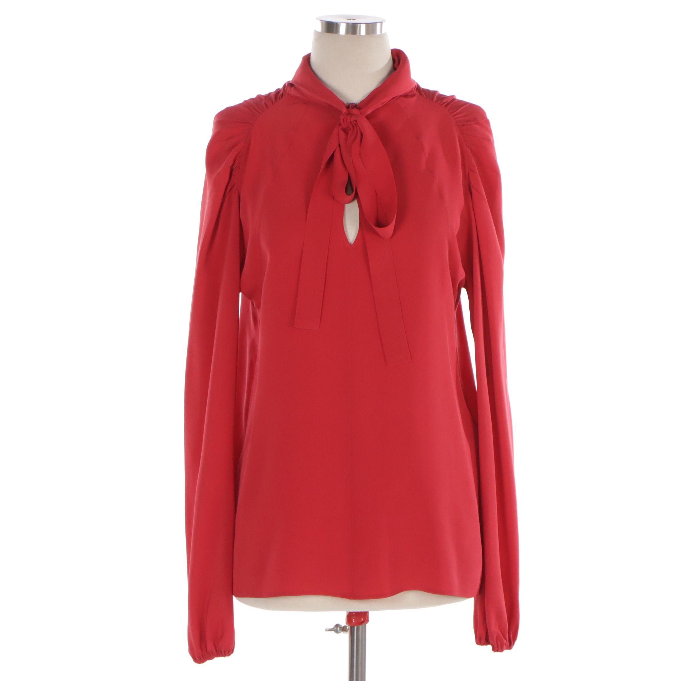 Prada Red Silk Tie-Neck Blouse with Ruched Shoulders