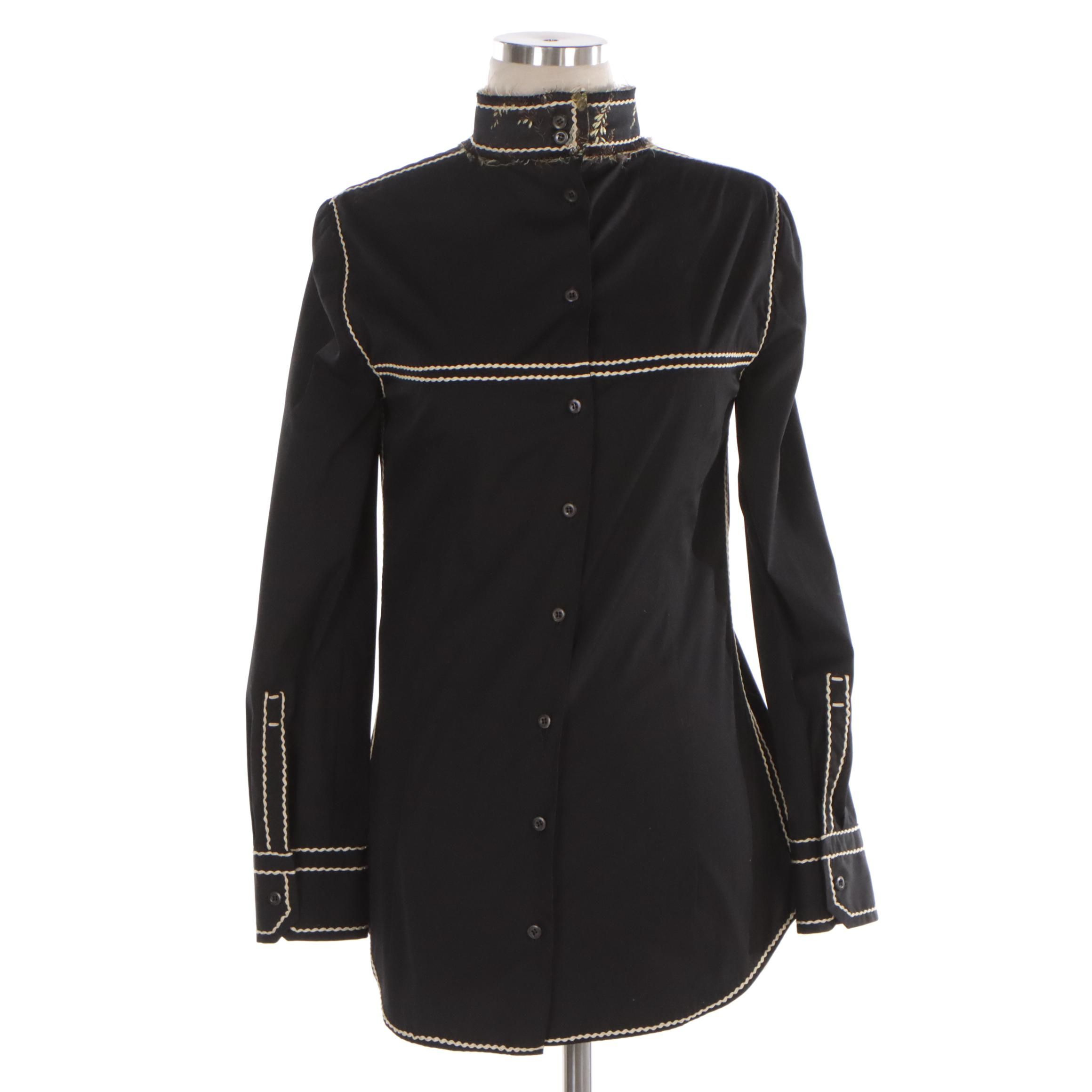 Prada Black Shirt with Contrast Stitching and Brocade Detailing