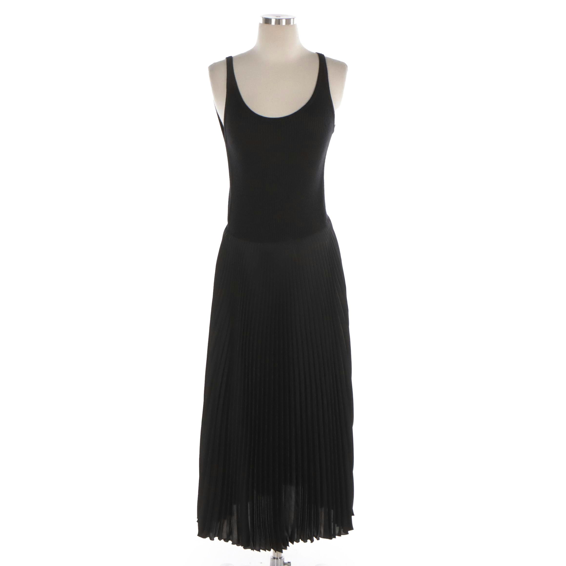 Prada Black Ribbed Knit and Pleated Sleeveless Dress