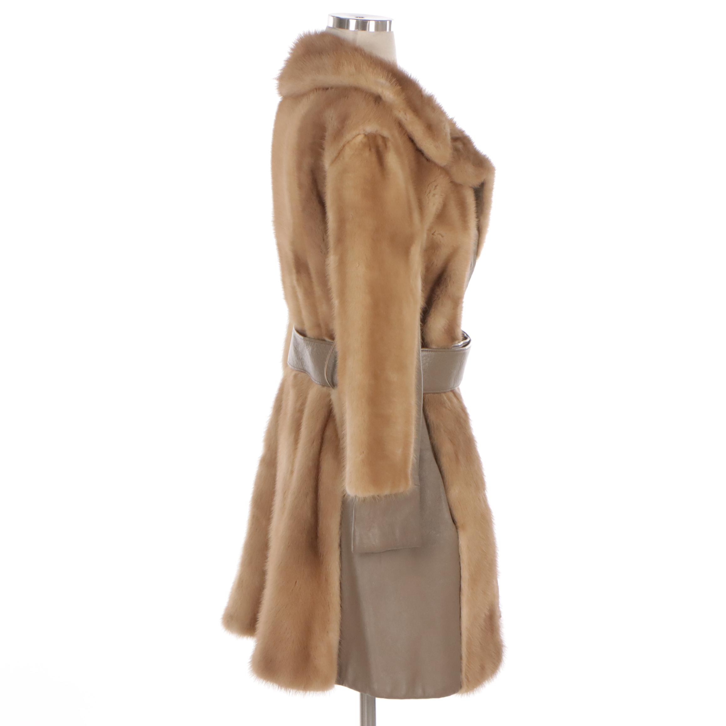 Pastel Mink Fur and Leather Semi-Fitted Belted Coat from Stanley Rich