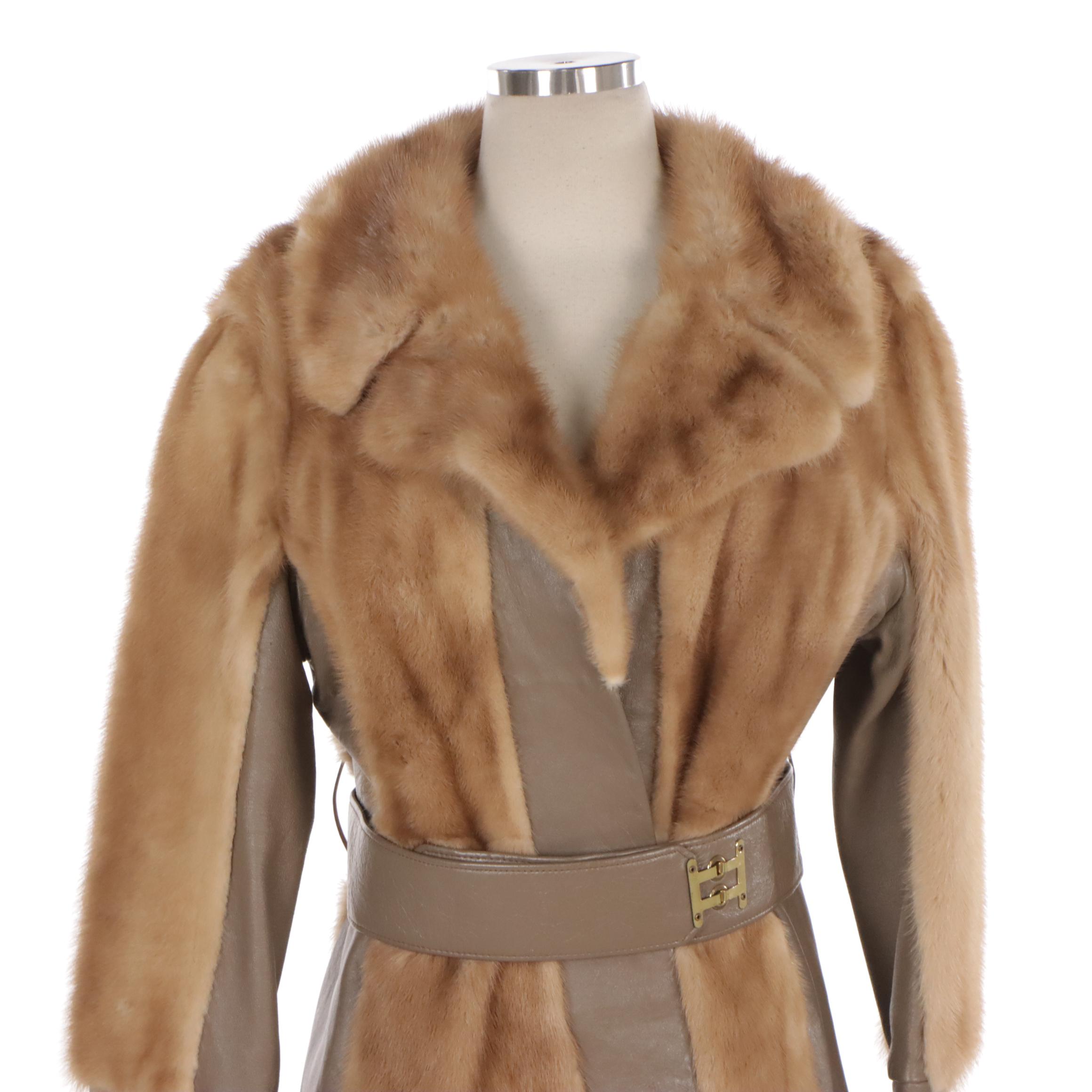 Pastel Mink Fur and Leather Semi-Fitted Belted Coat from Stanley Rich
