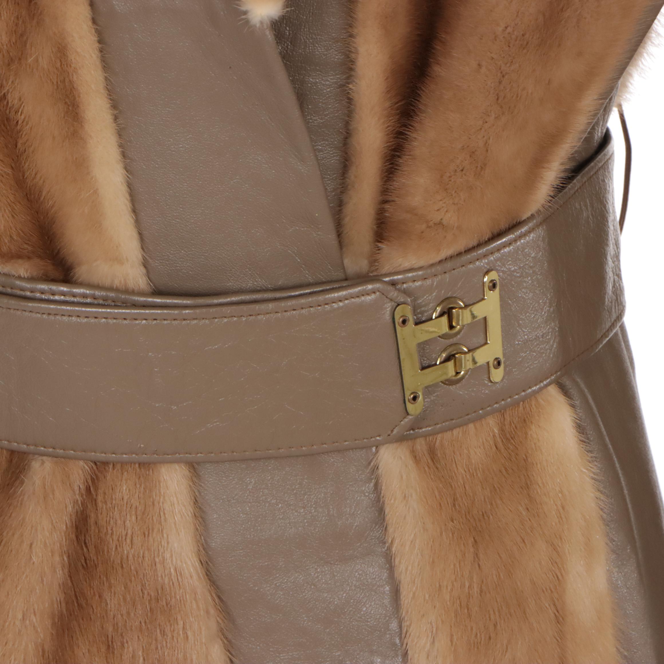Pastel Mink Fur and Leather Semi-Fitted Belted Coat from Stanley Rich