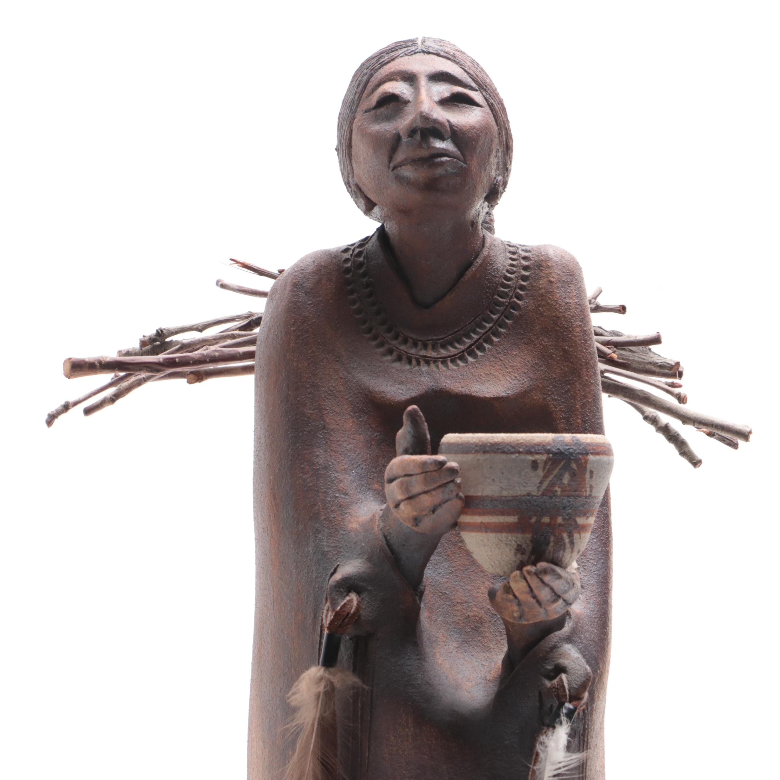 Lynn Hone Hand-Sculpted Stoneware Clay Southwest Figure with Pot, 1987