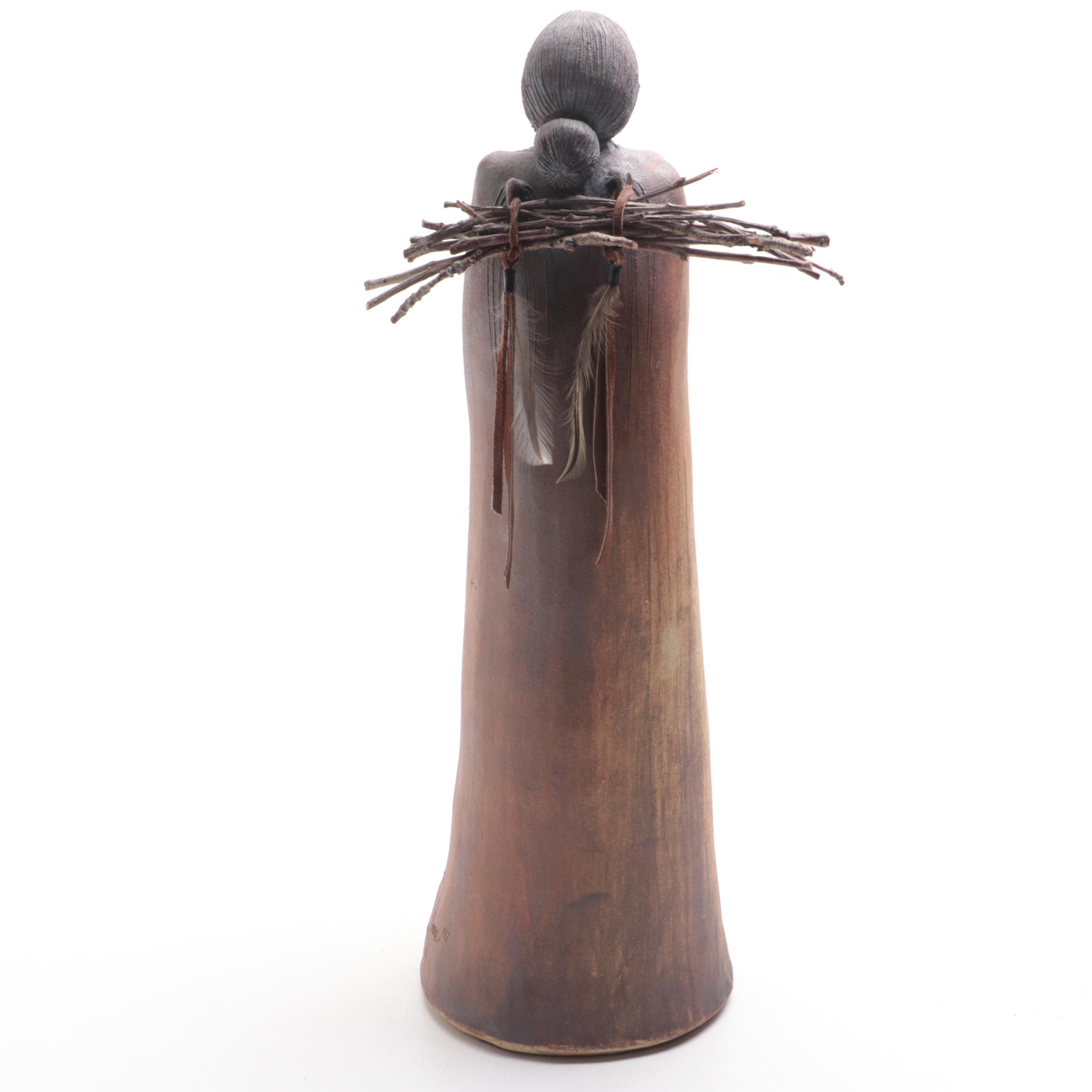 Lynn Hone Hand-Sculpted Stoneware Clay Southwest Figure with Pot, 1987