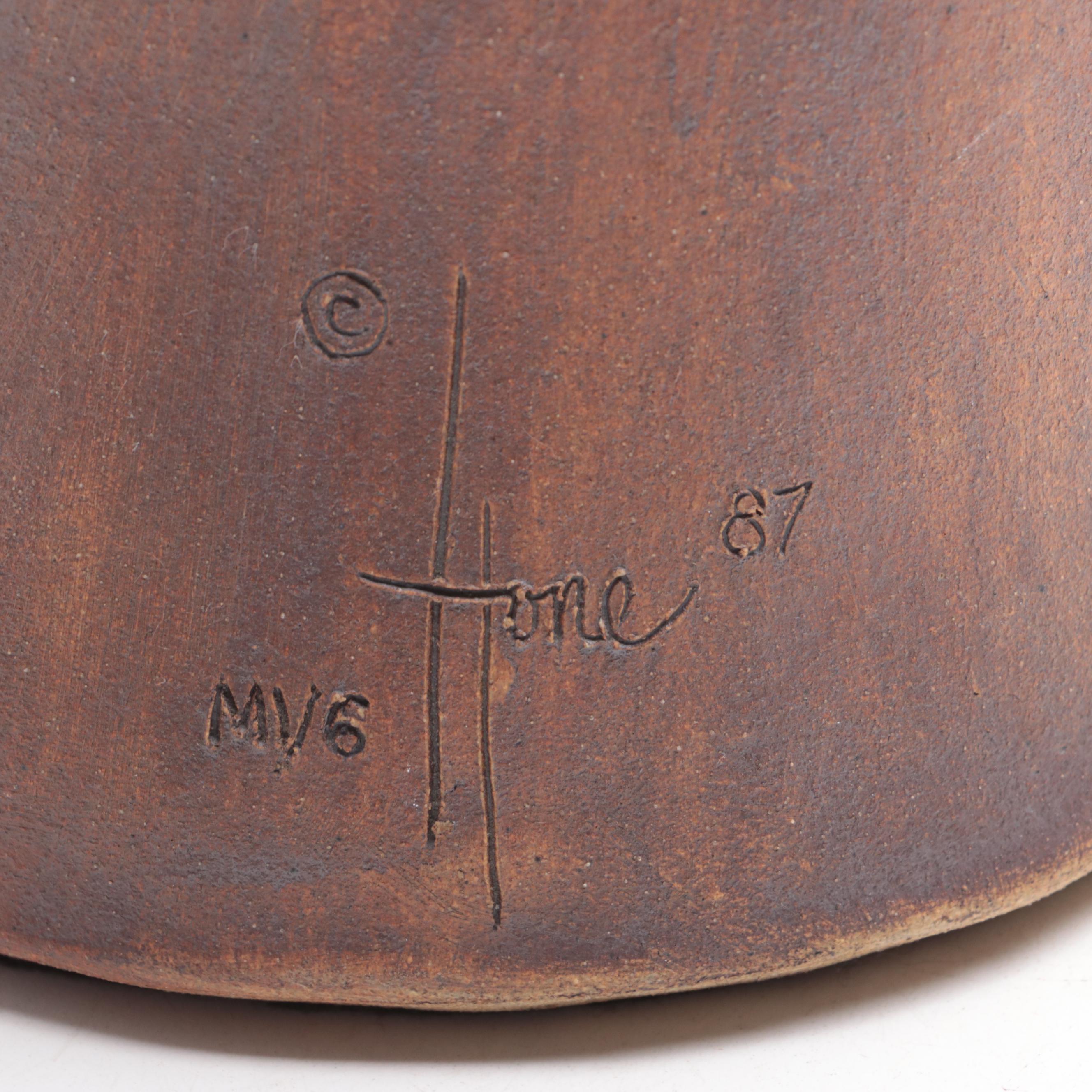 Lynn Hone Hand-Sculpted Stoneware Clay Southwest Figure with Pot, 1987